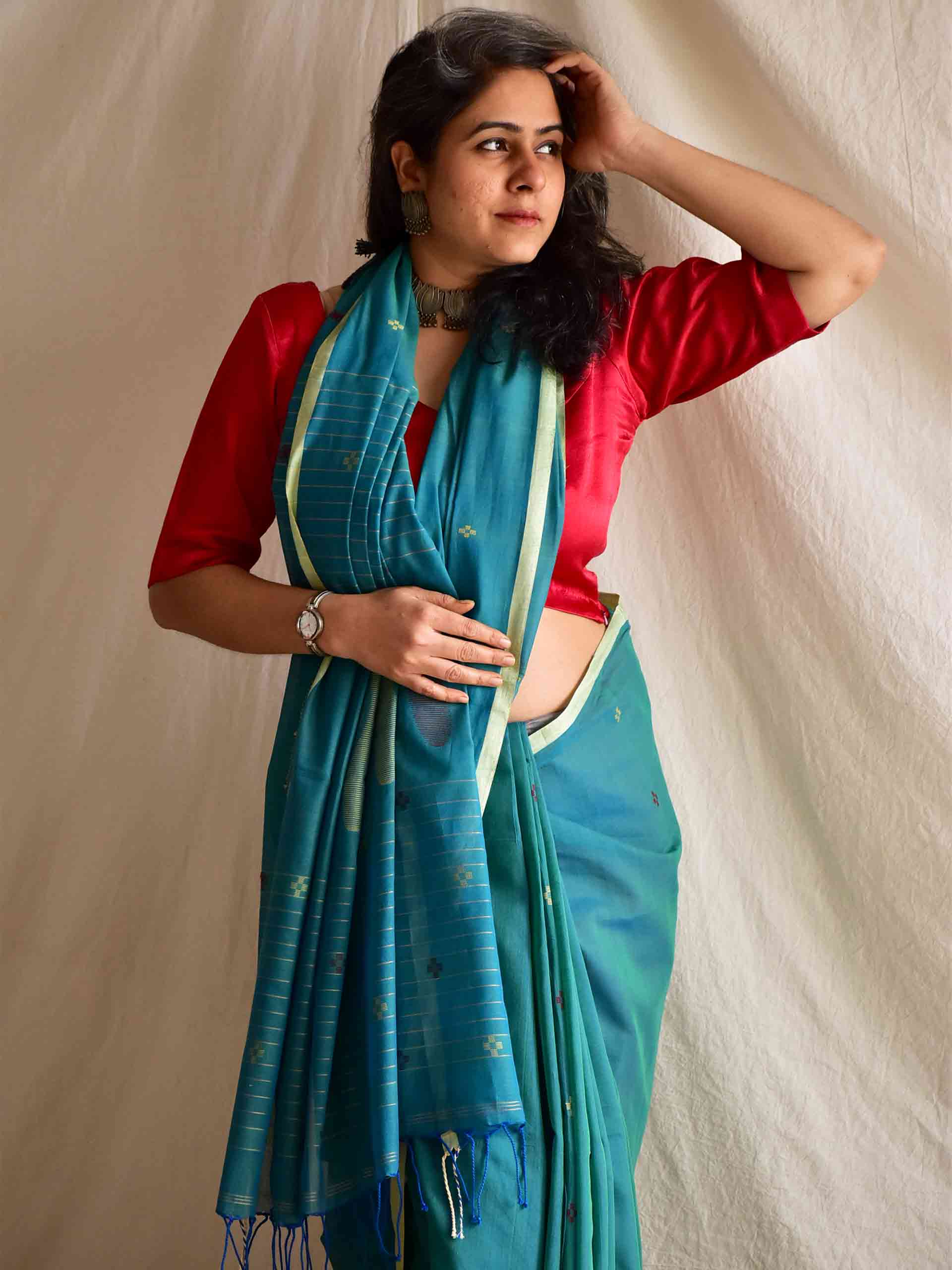 Sea green - handloom Jamdani mul cotton saree