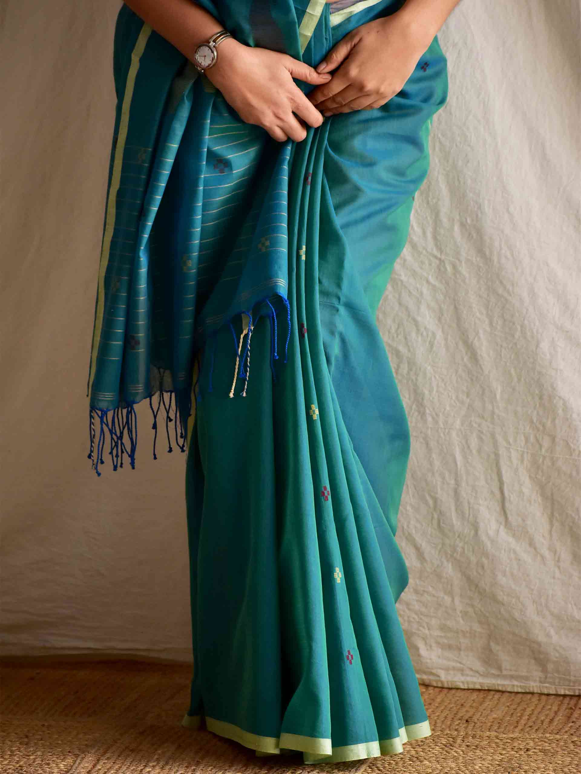 Sea green - handloom Jamdani mul cotton saree