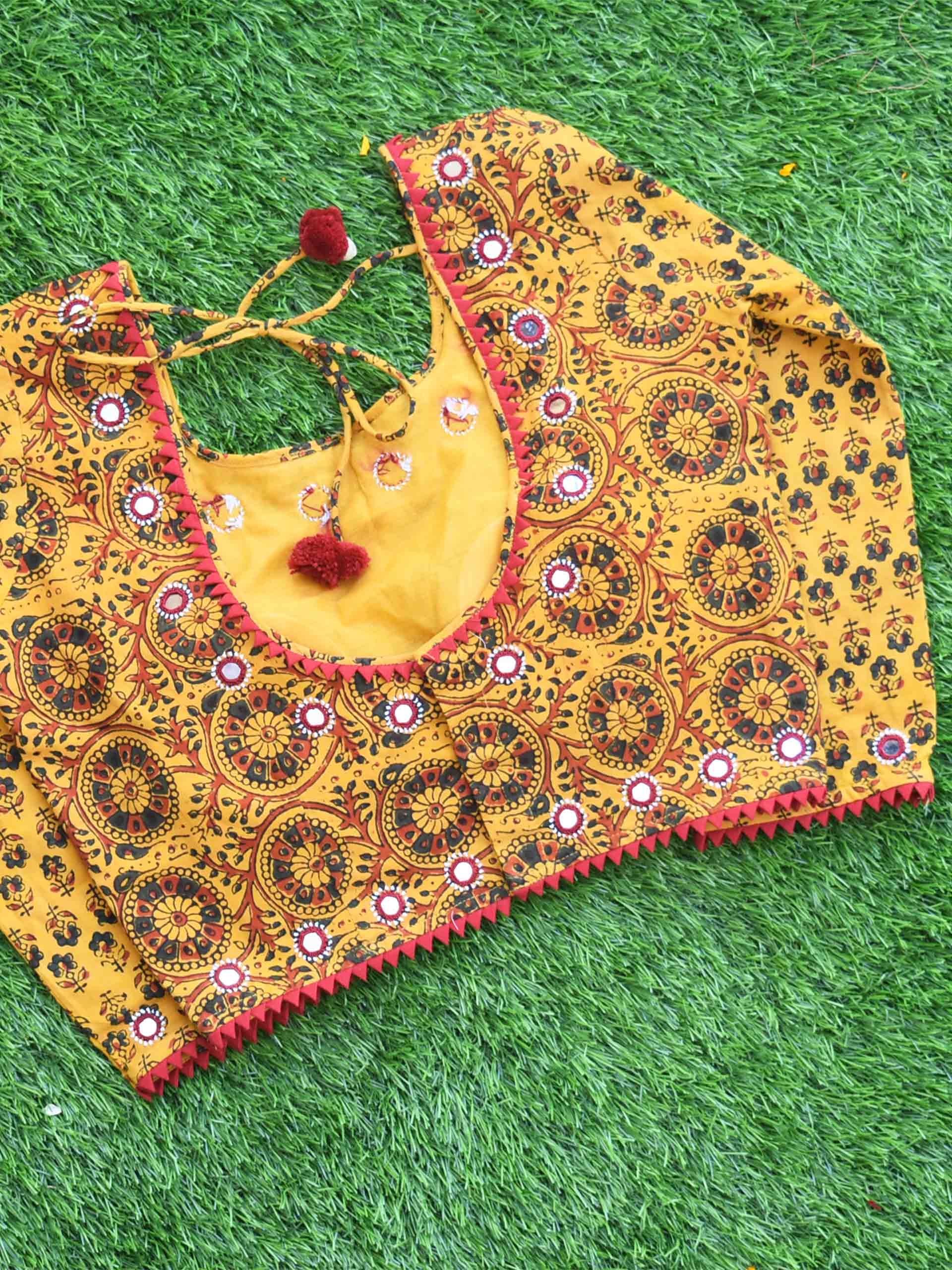 UD0061 - Yellow Ajrakh hand block printed Kutch mirror work blouse