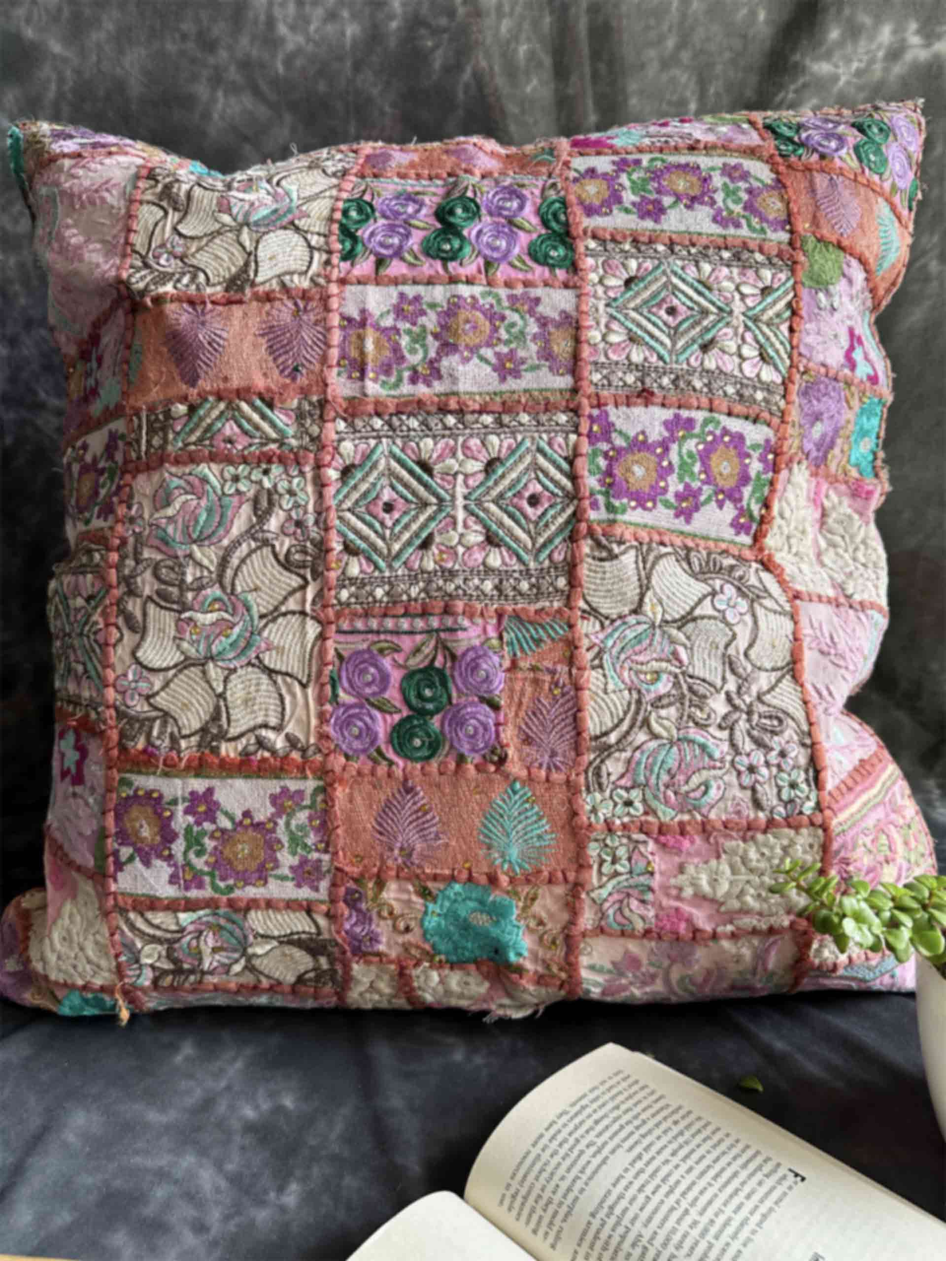 Pink city - embroidered patchwork cushion cover 24 X 24