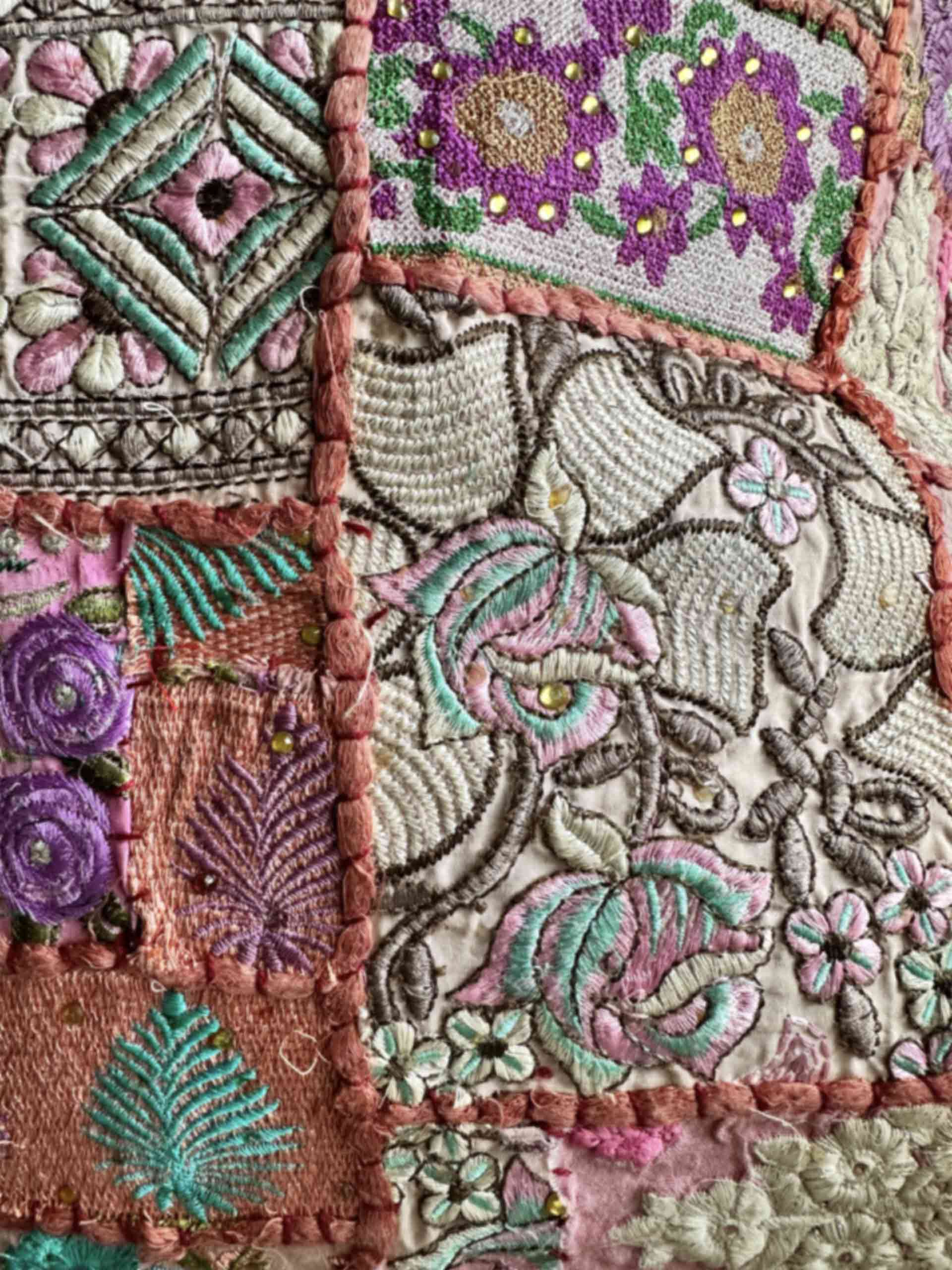 Pink city - embroidered patchwork cushion cover 24 X 24