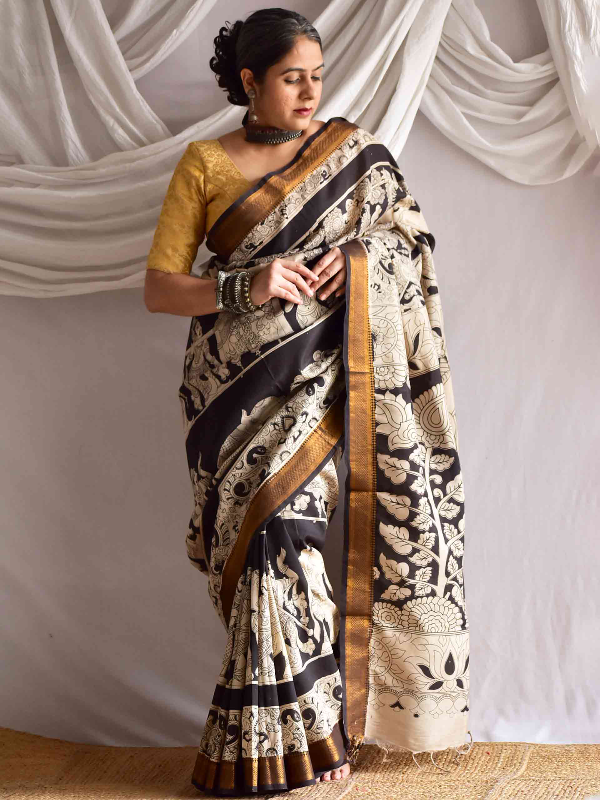 Mridula - kalamkari printed Bangalore Silk nizam border saree