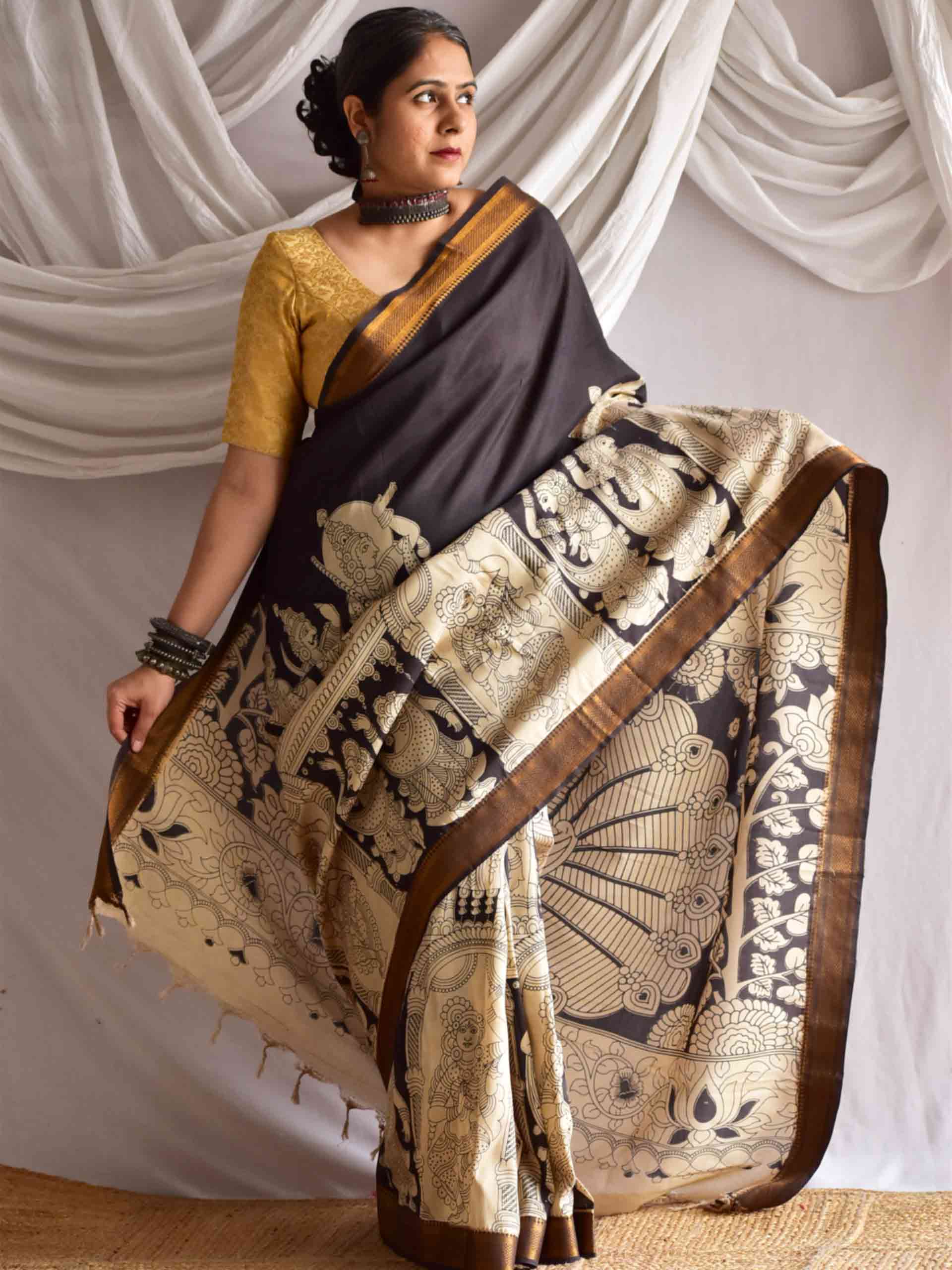 Dev - kalamkari printed Bangalore Silk nizam border saree