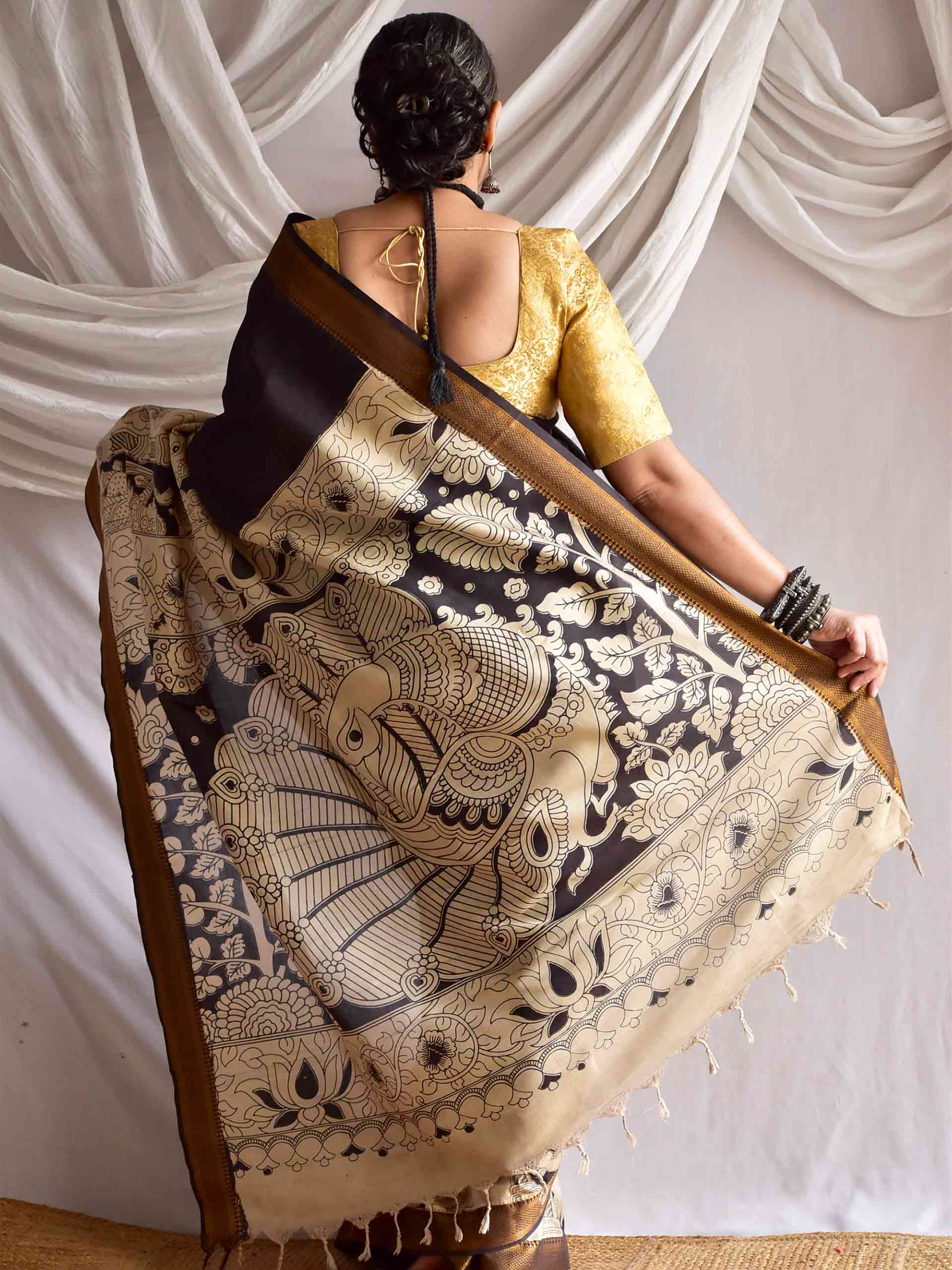 Dev - kalamkari printed Bangalore Silk nizam border saree