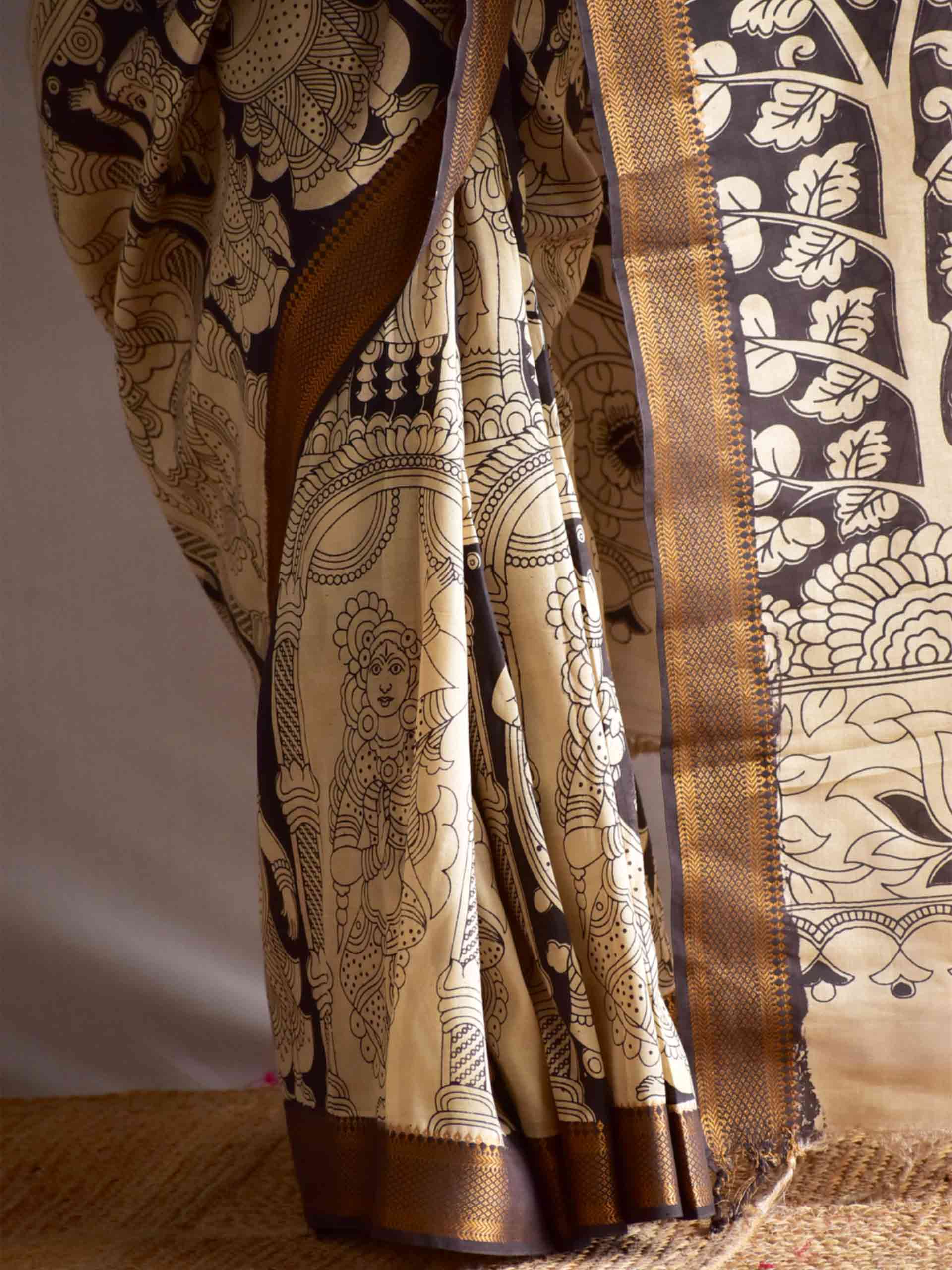 Dev - kalamkari printed Bangalore Silk nizam border saree