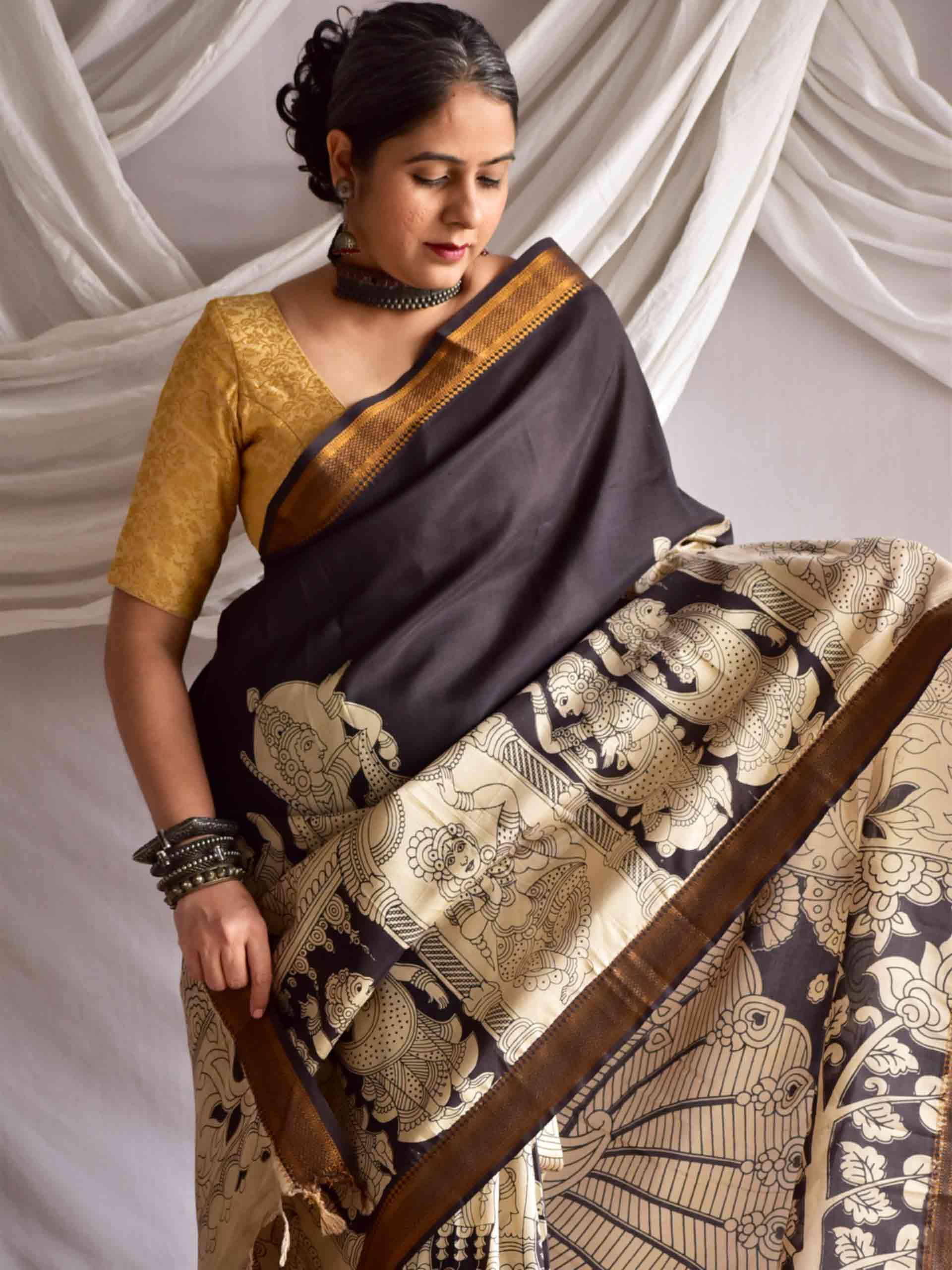 Dev - kalamkari printed Bangalore Silk nizam border saree