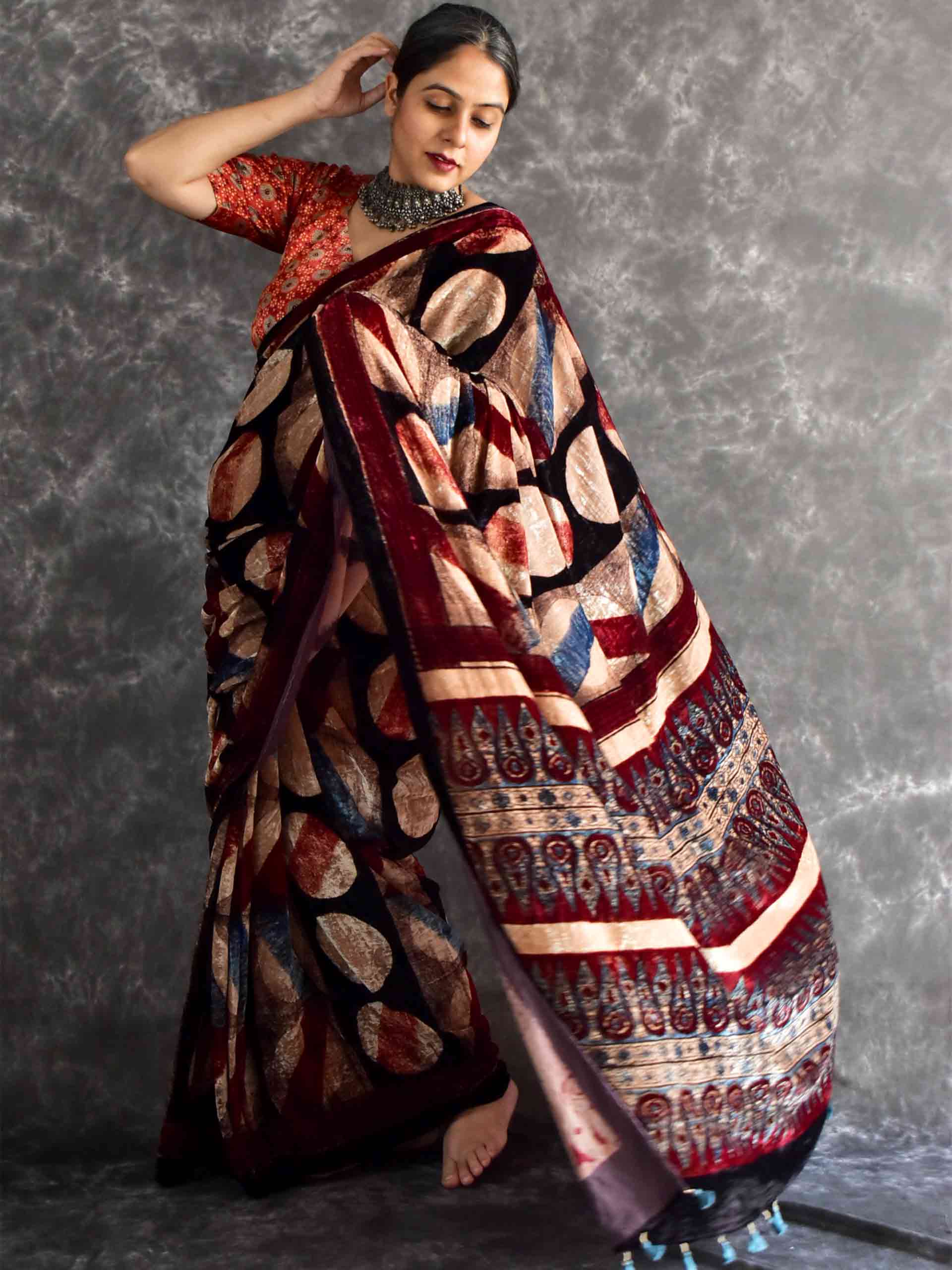 Reshmeen - Ajrakh Velvet Saree
