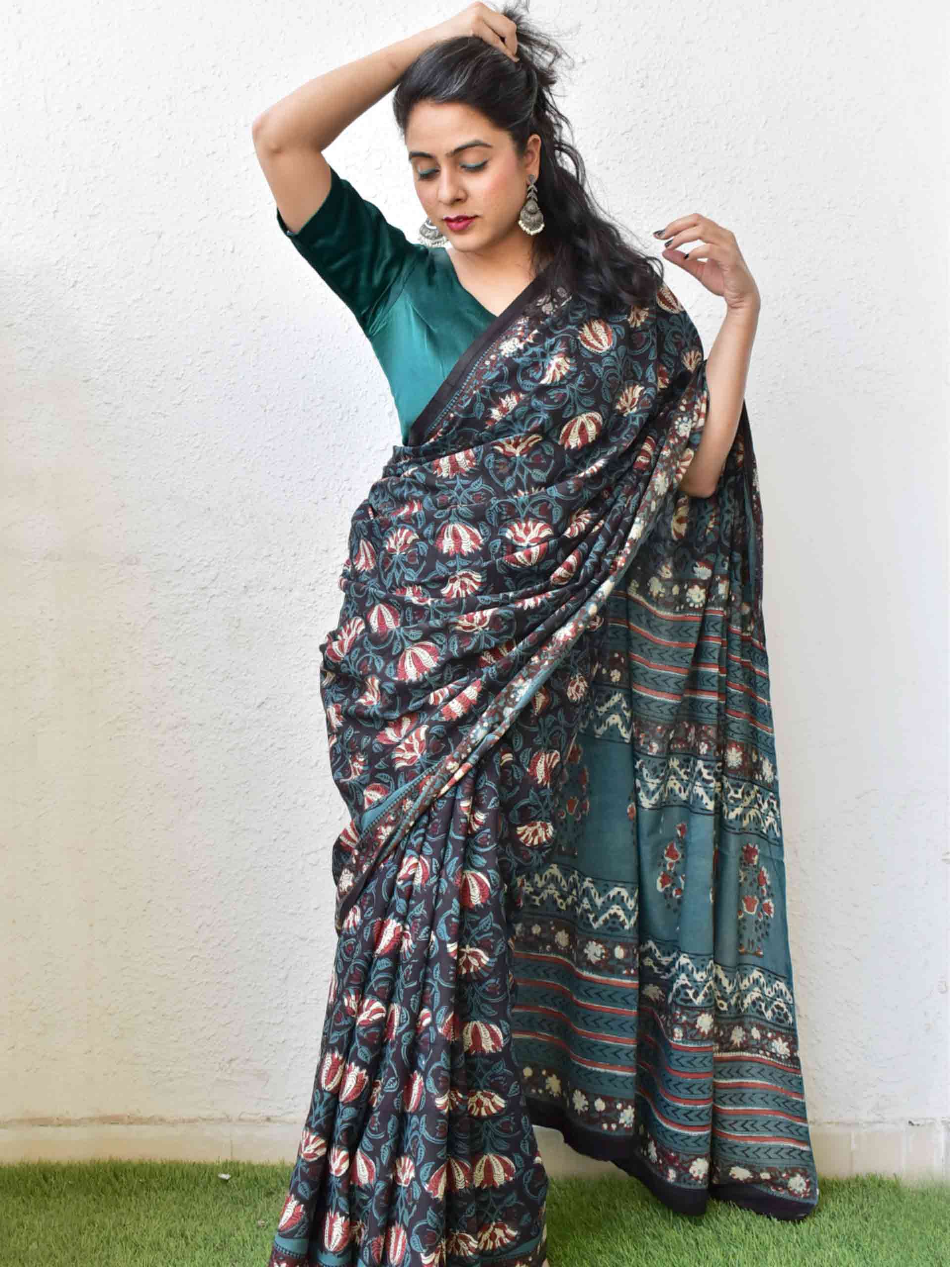 Dabu hand block printed cotton saree