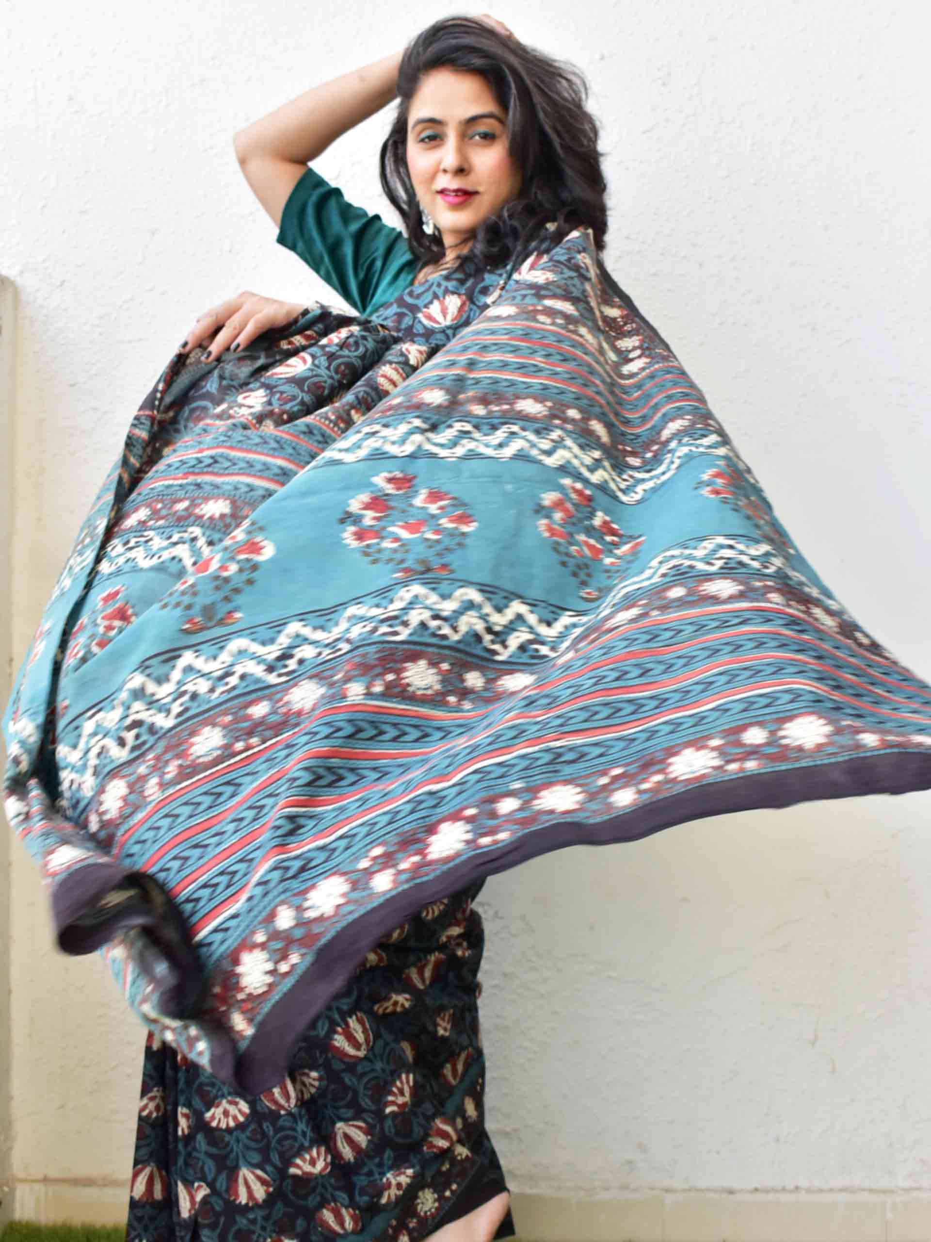 Dabu hand block printed cotton saree