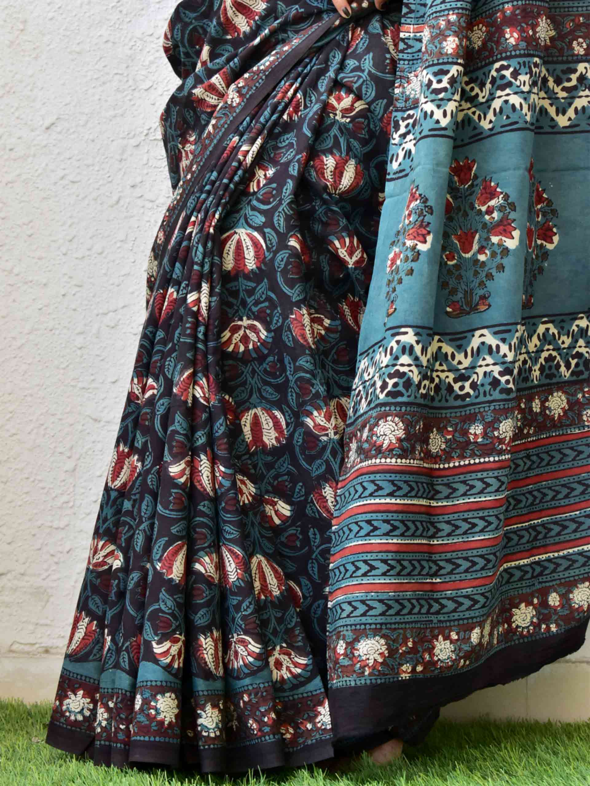 Dabu hand block printed cotton saree