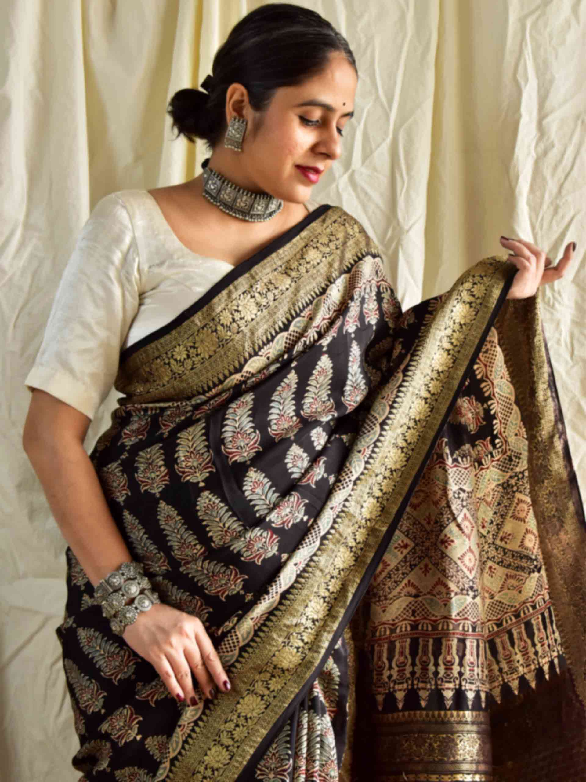 Mehjabeen - Ajrakh hand block printed Dola Silk zari border Saree