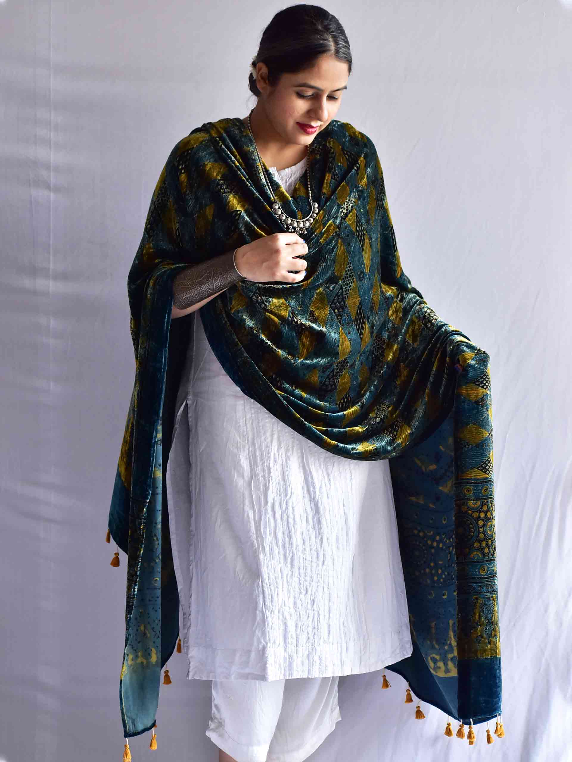 Monday blues - Ajrakh Silk Velvet Dupatta