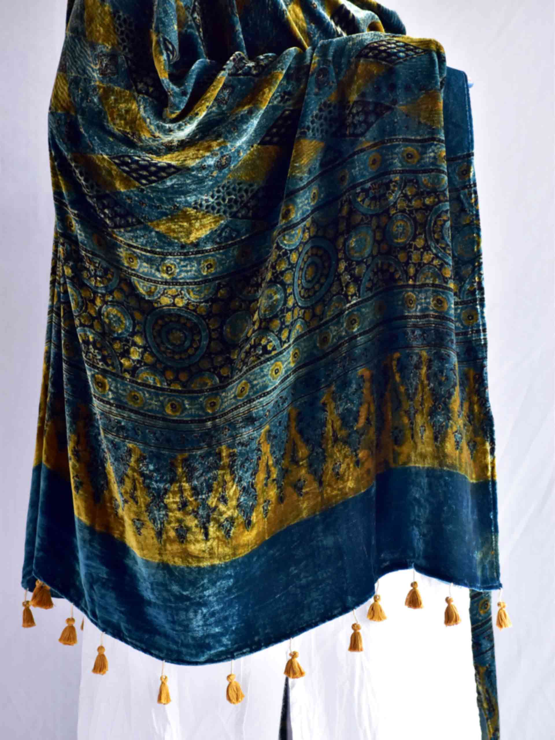 Monday blues - Ajrakh Silk Velvet Dupatta
