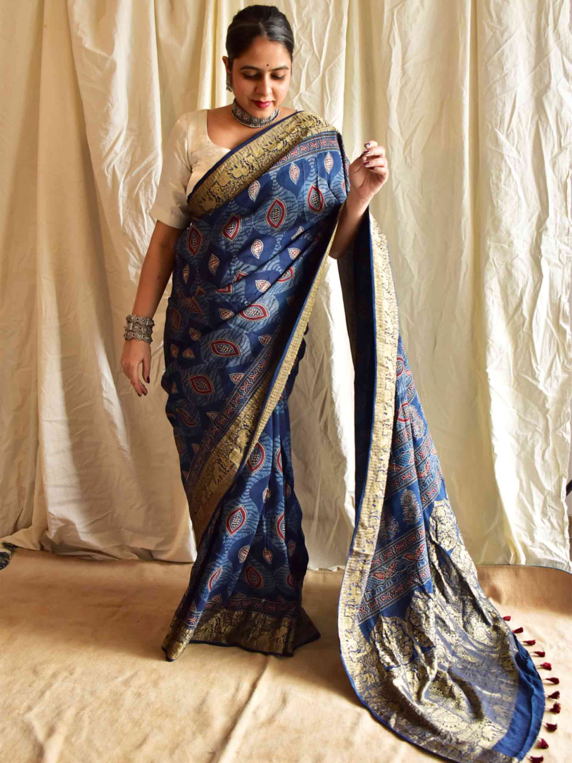 Blue - Hand Block Print Natural Dyed Dola Silk Zari Border Ajrakh Dupatta with Tassels 19