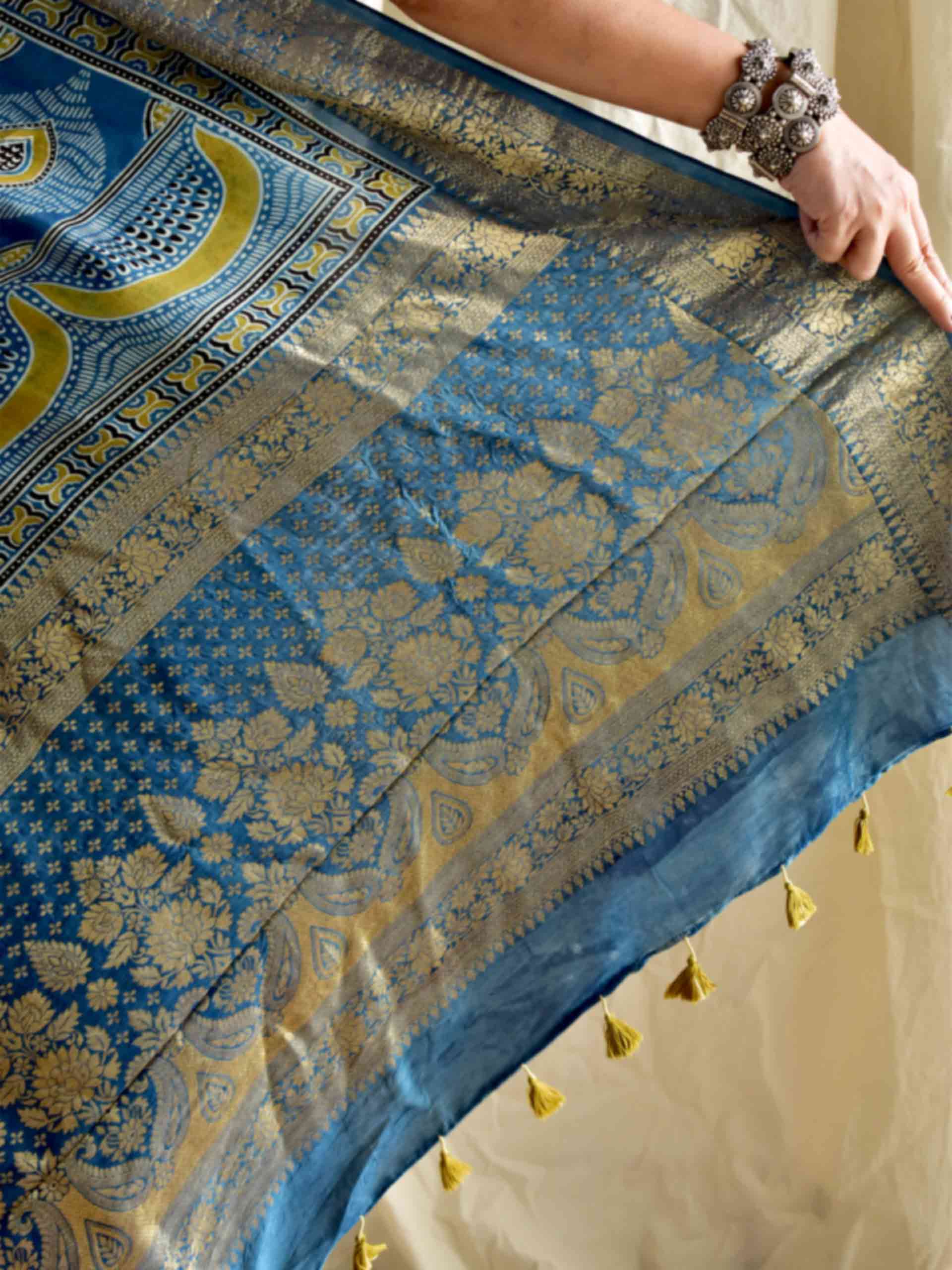 Mona - Ajrakh hand block printed Dola Silk zari border Saree