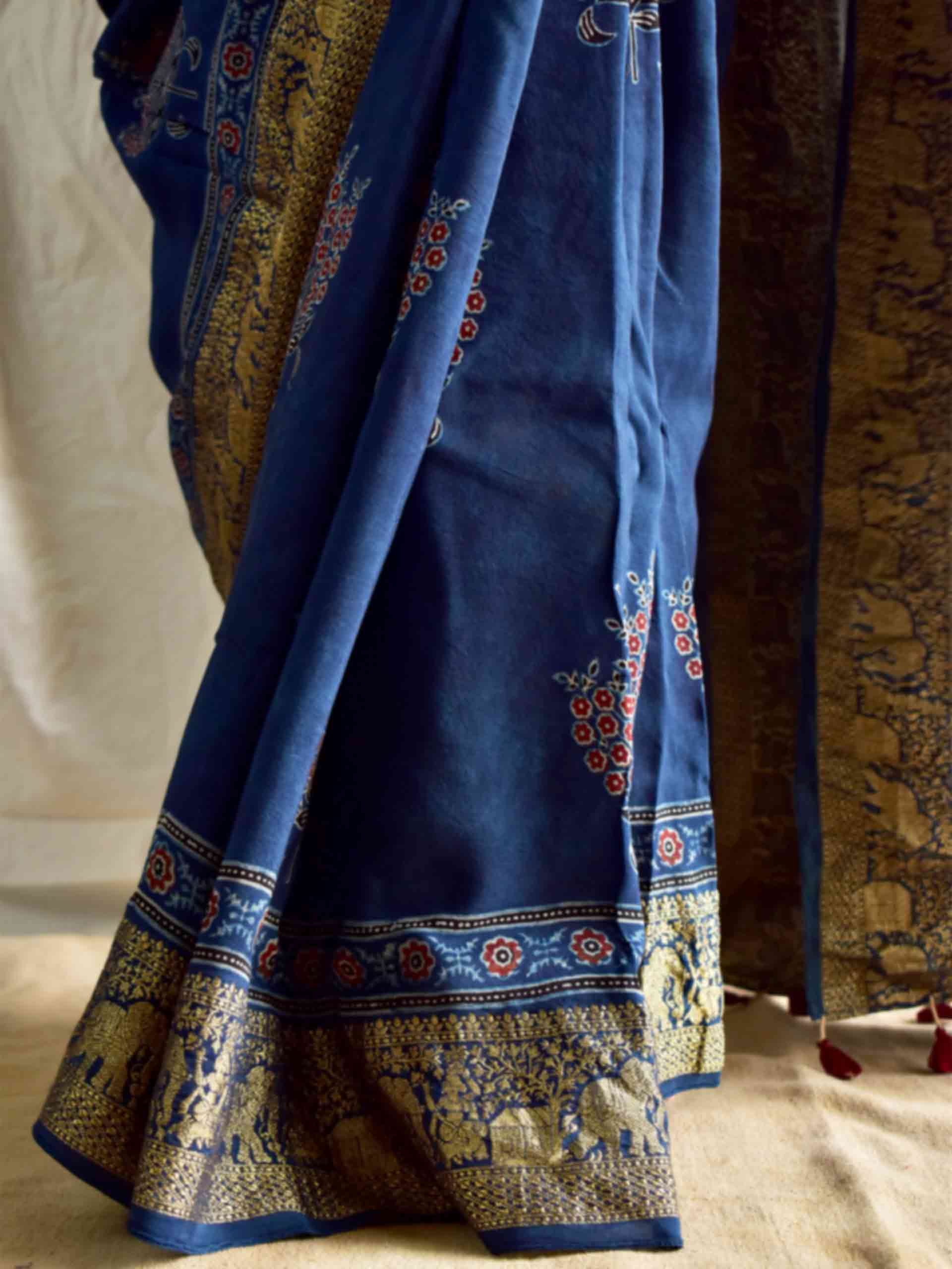 Mridang - Ajrakh hand block printed Dola Silk zari border Saree