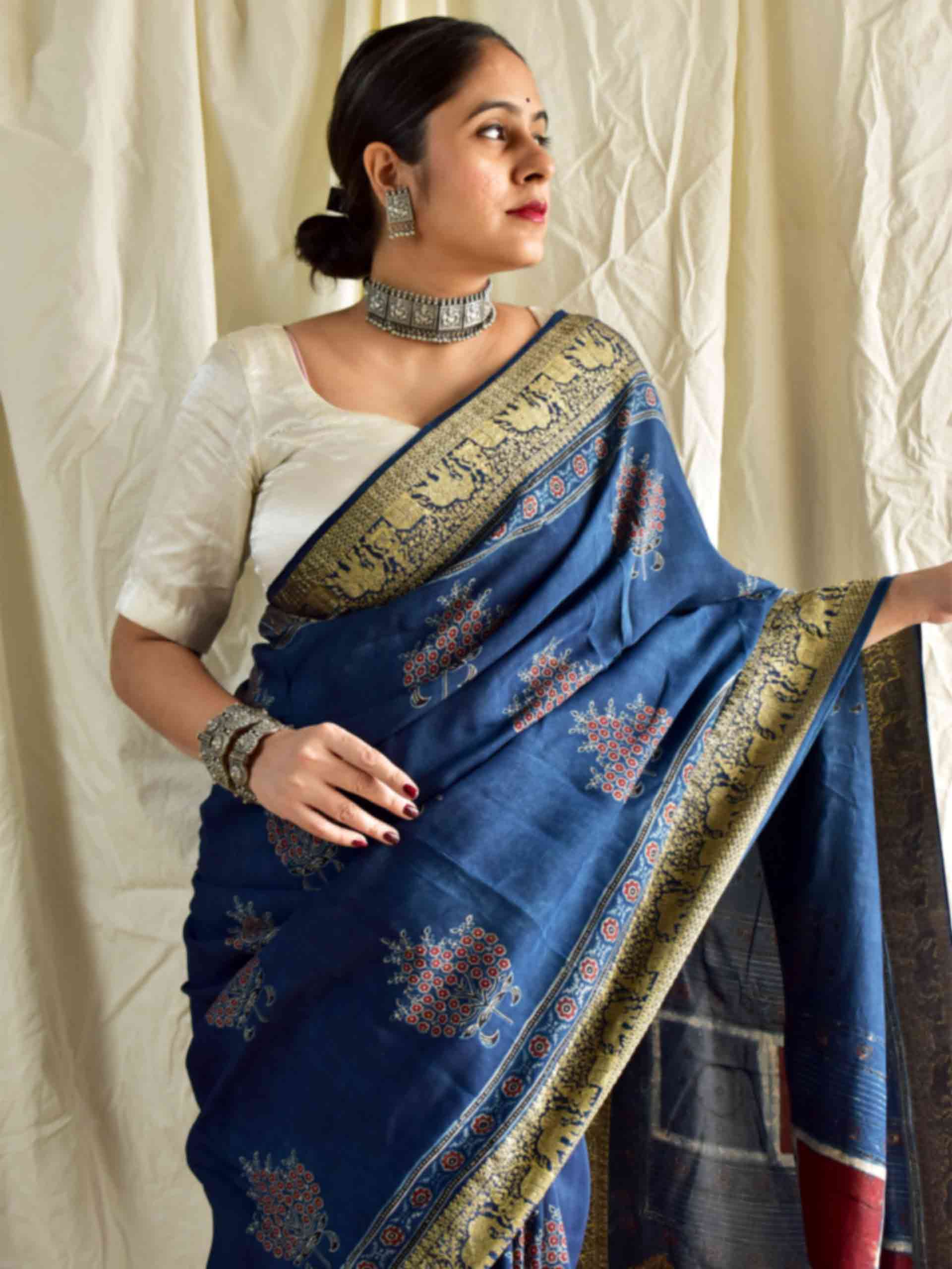 Mridang - Ajrakh hand block printed Dola Silk zari border Saree