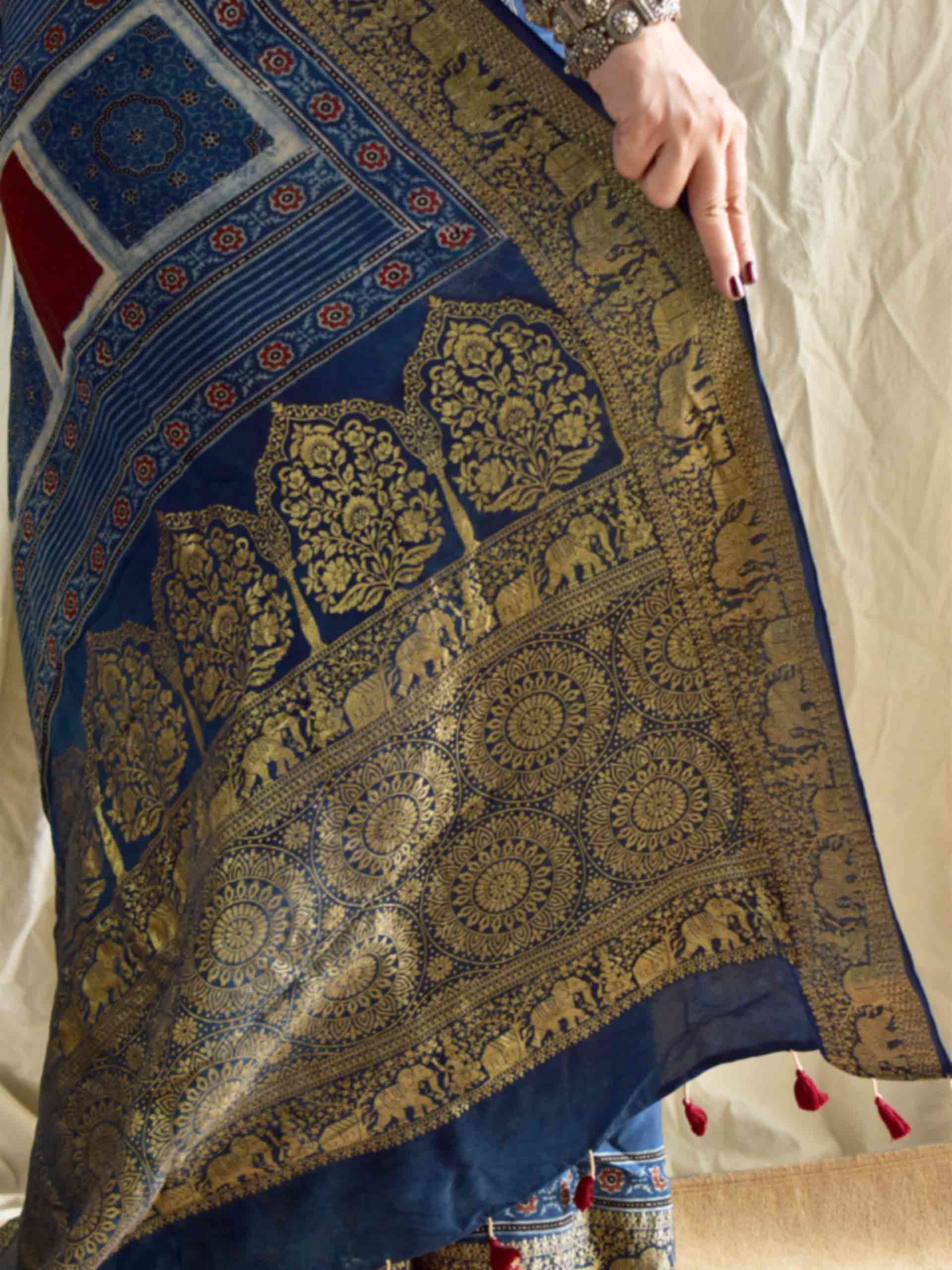 Mridang - Ajrakh hand block printed Dola Silk zari border Saree