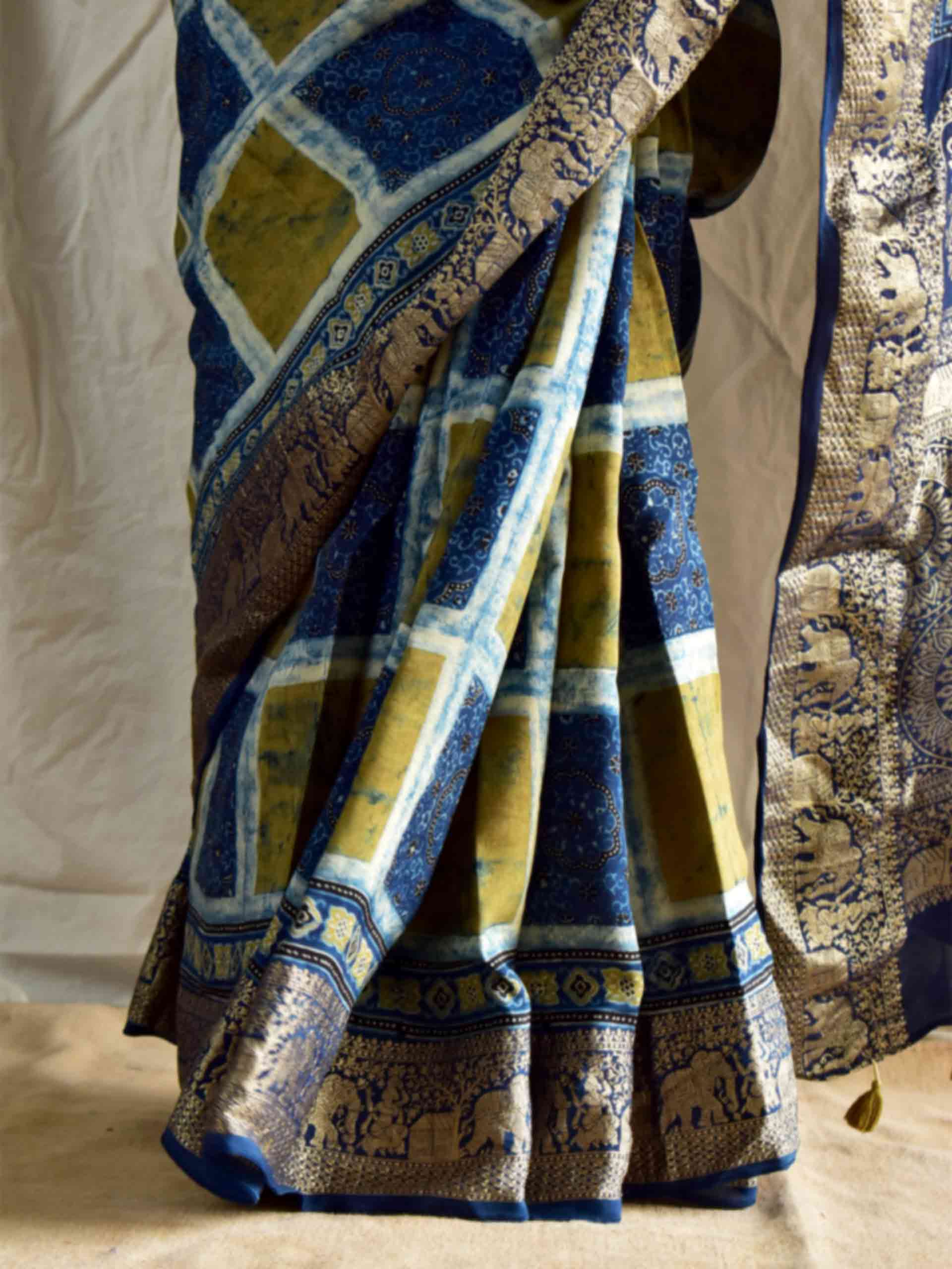 Gur laddo - Ajrakh hand block printed Dola Silk zari border Saree