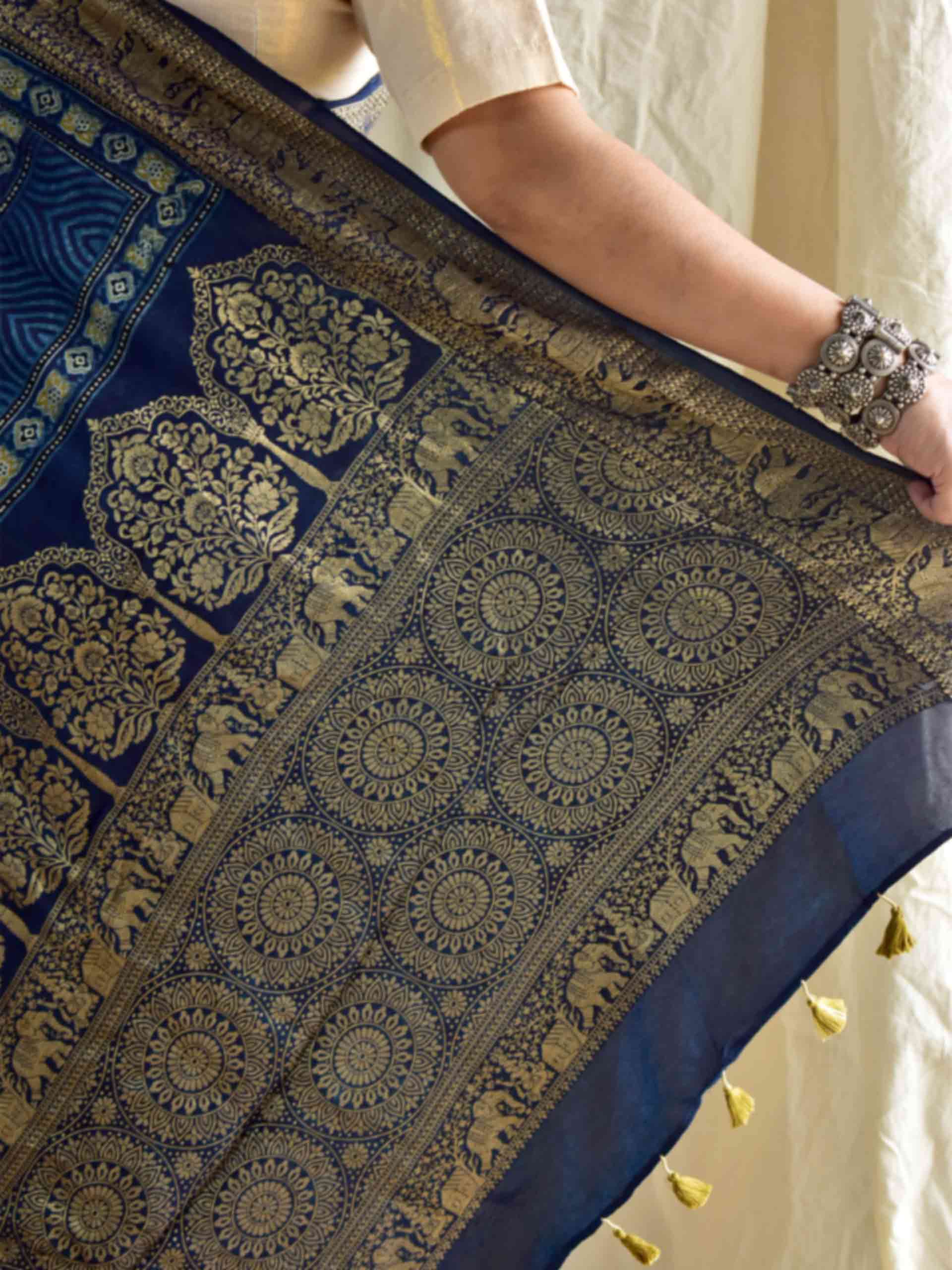 Gur laddo - Ajrakh hand block printed Dola Silk zari border Saree