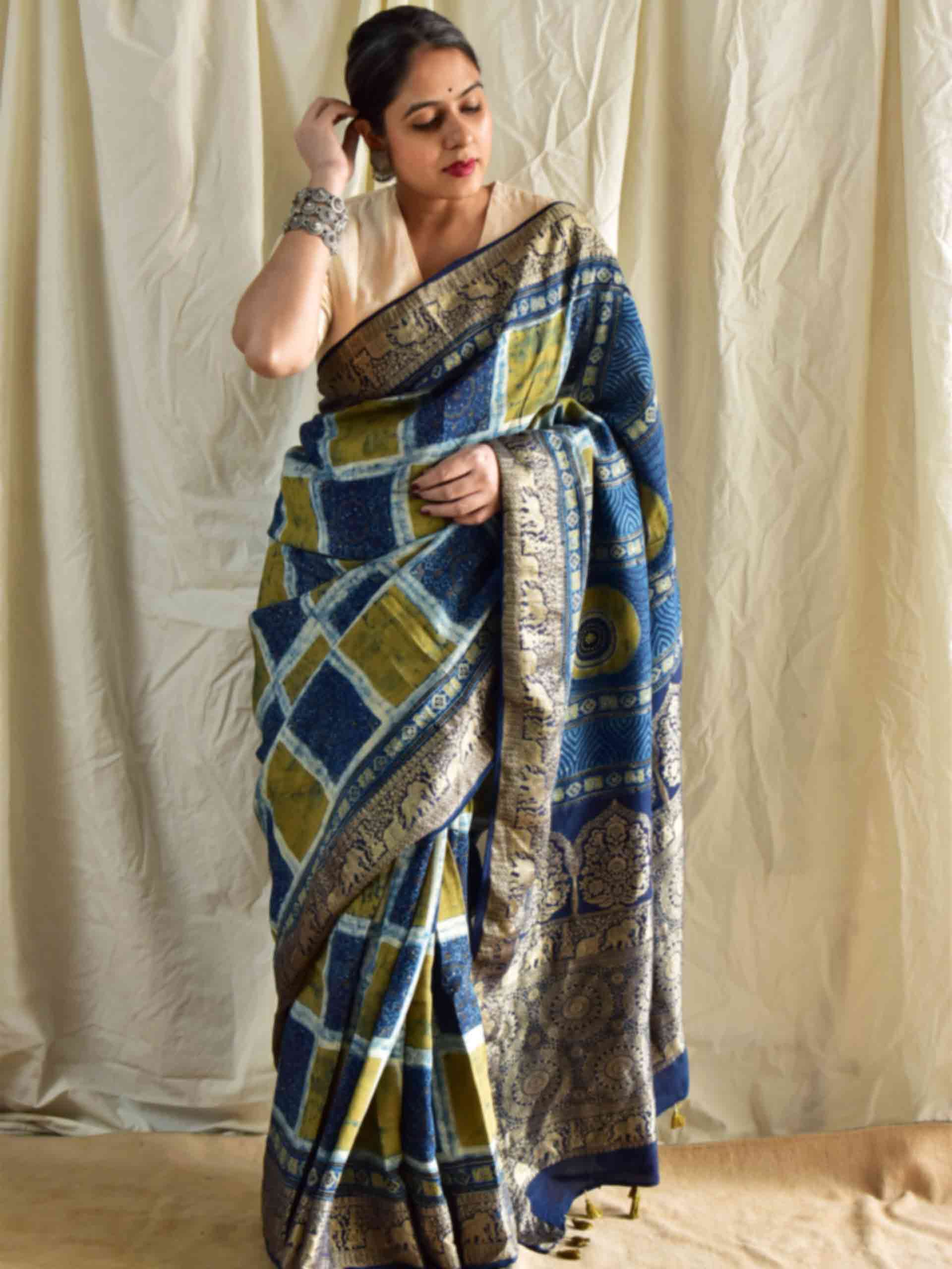 Gur laddo - Ajrakh hand block printed Dola Silk zari border Saree