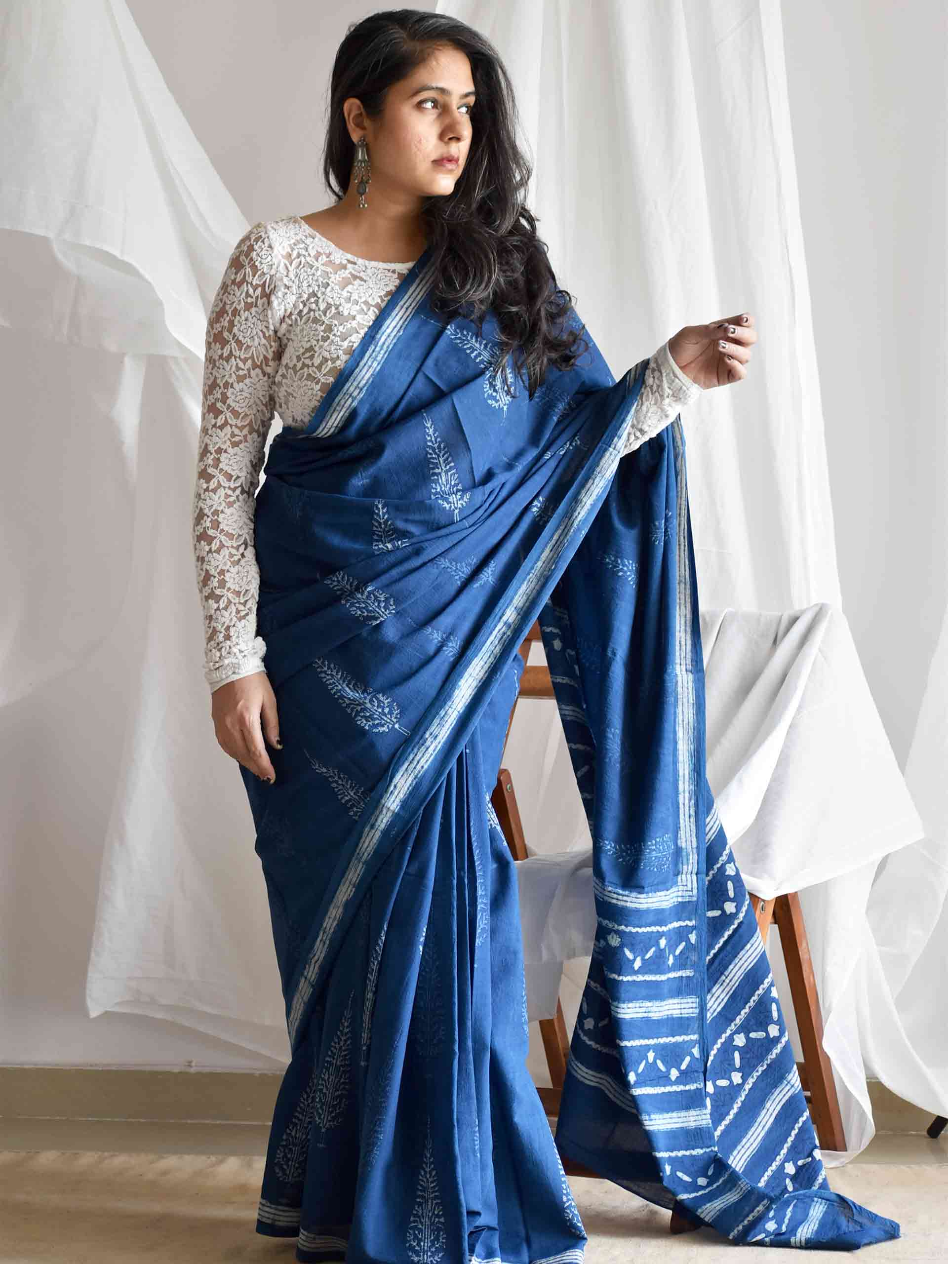 Deodar Indigo mul cotton saree