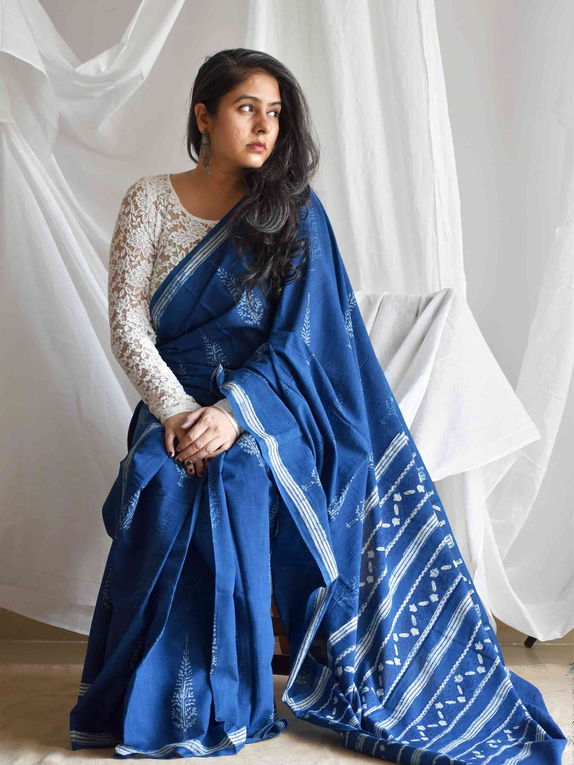 Deodar Indigo mul cotton saree