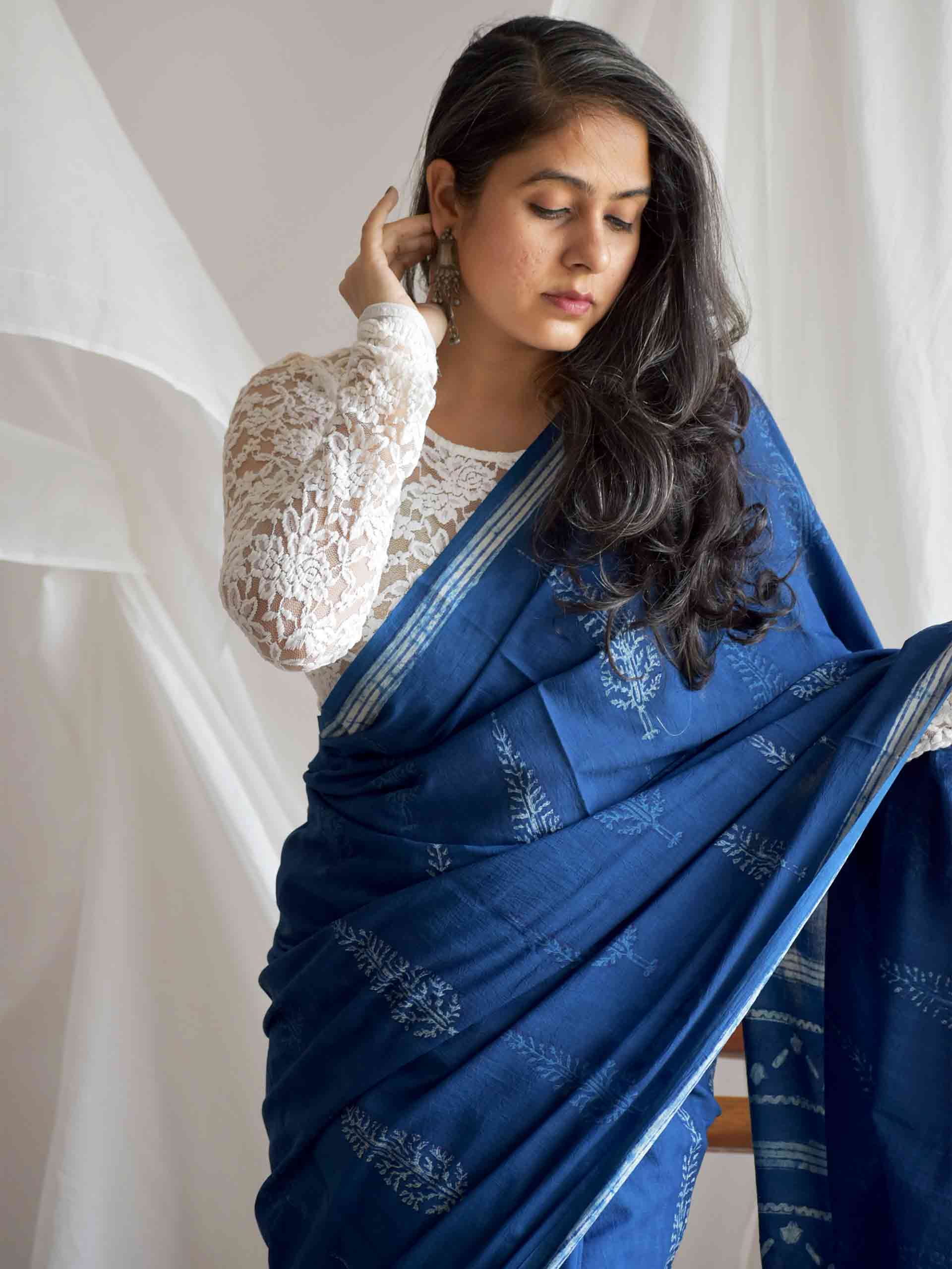 Deodar Indigo mul cotton saree