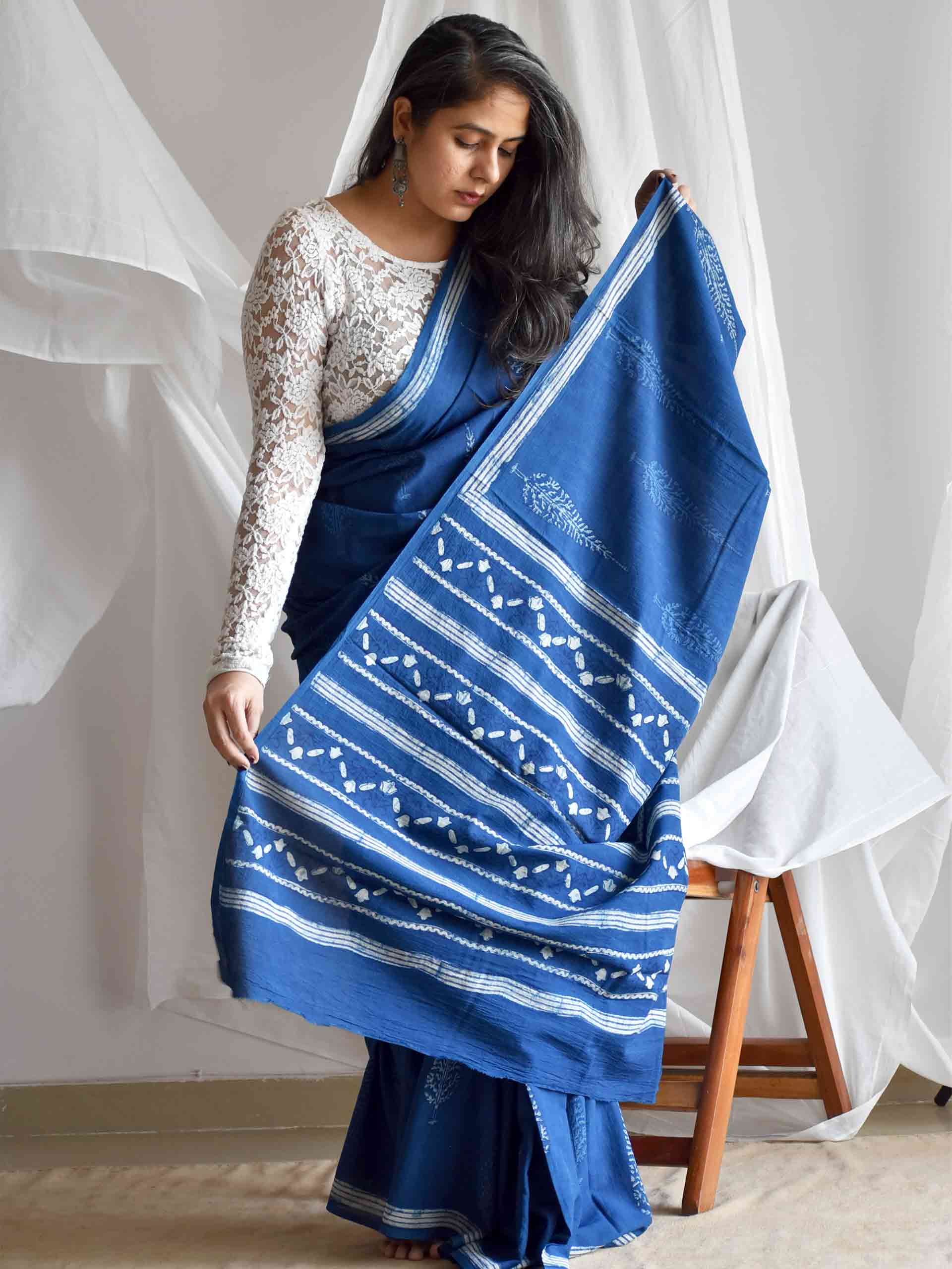 Deodar Indigo mul cotton saree