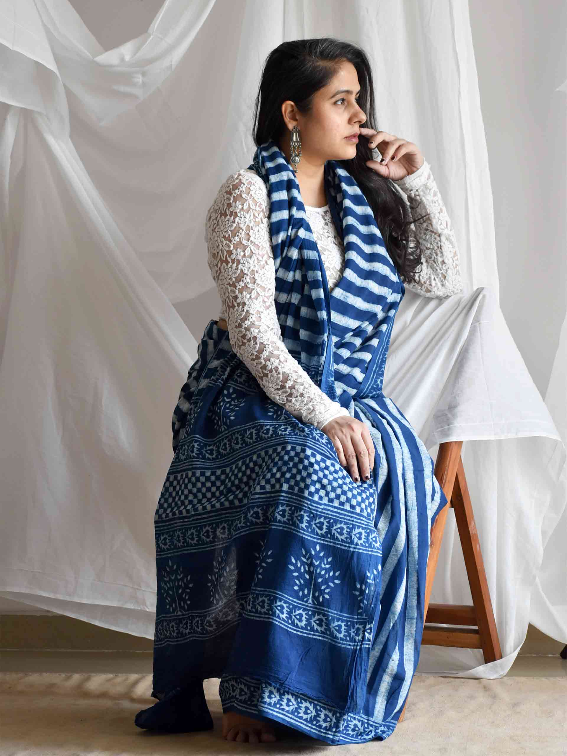 Dhara Indigo Mul Cotton Saree