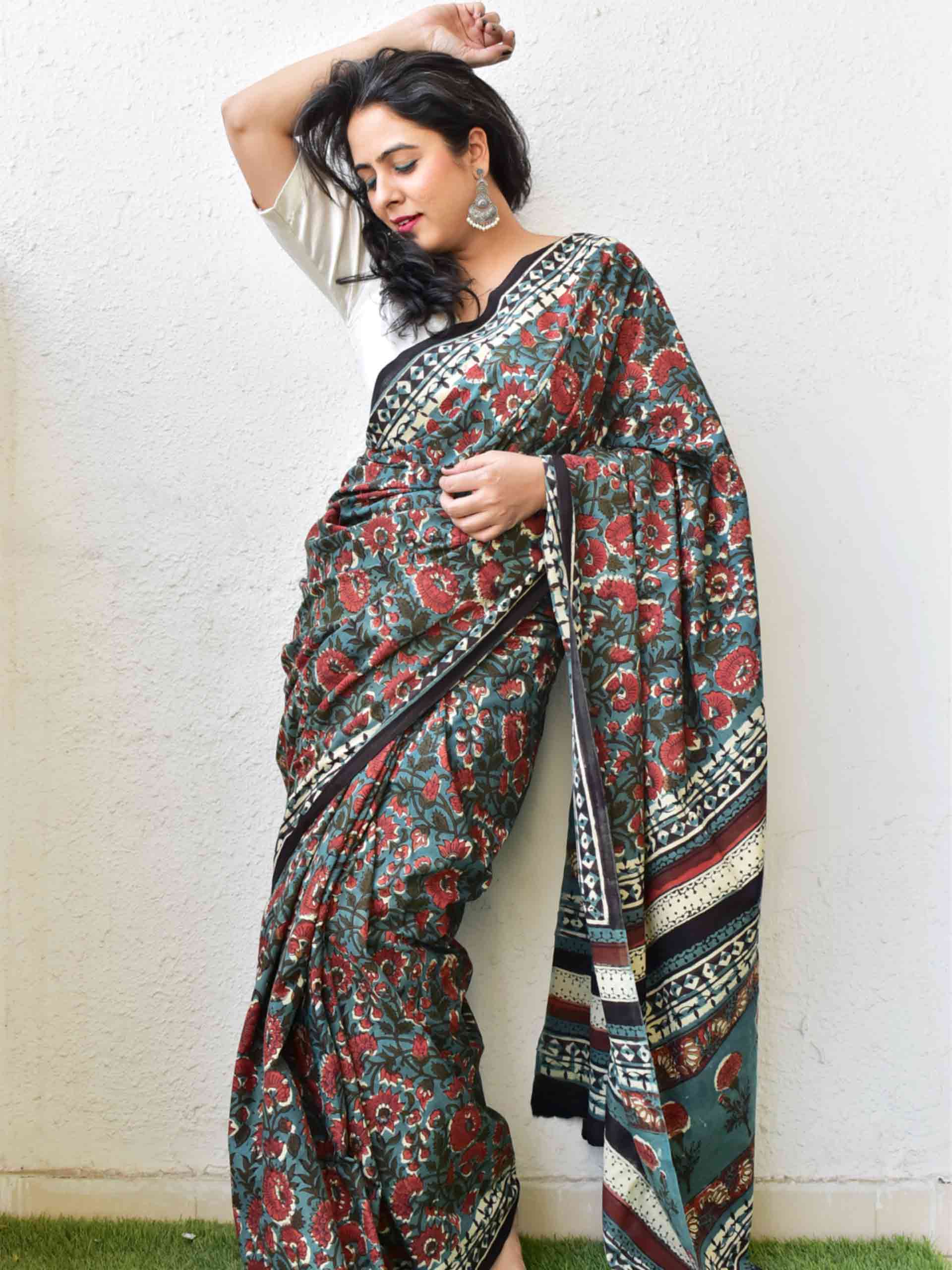 Buy Dabu hand block printed cotton saree Online