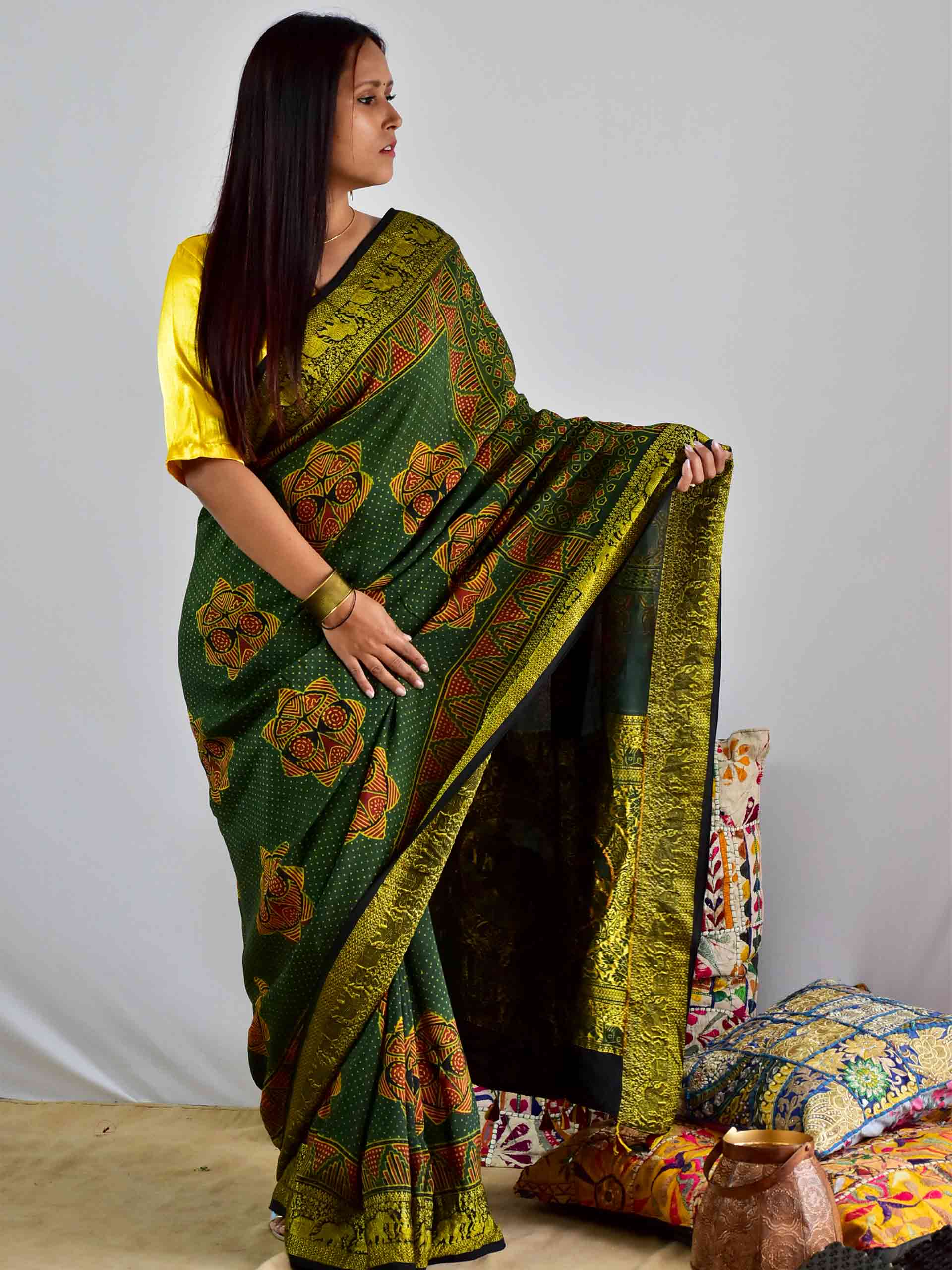 Mohini - Ajrakh Dola Silk zari border Saree