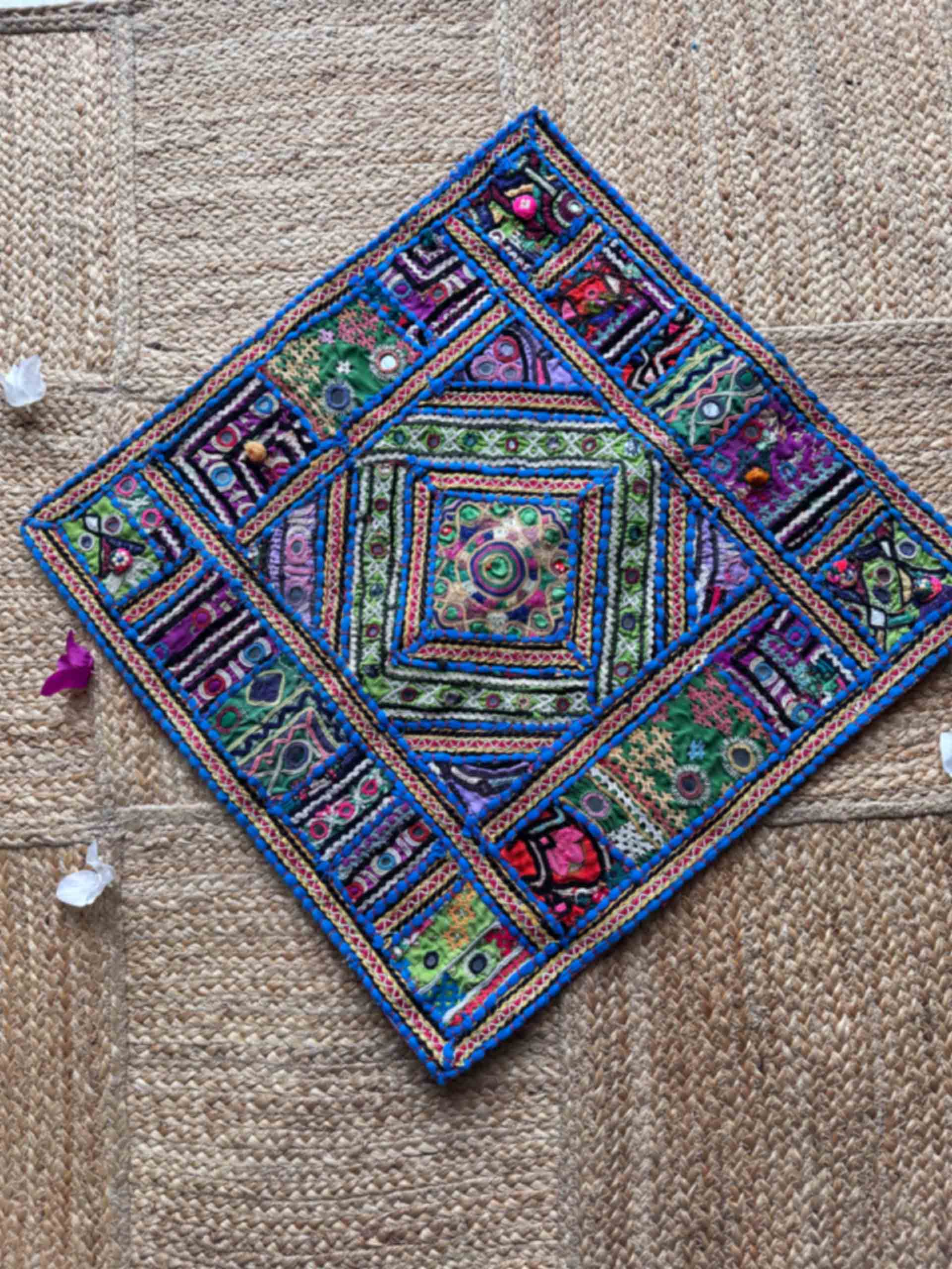peacock - hand embroidered mirror work cushion cover 19X19