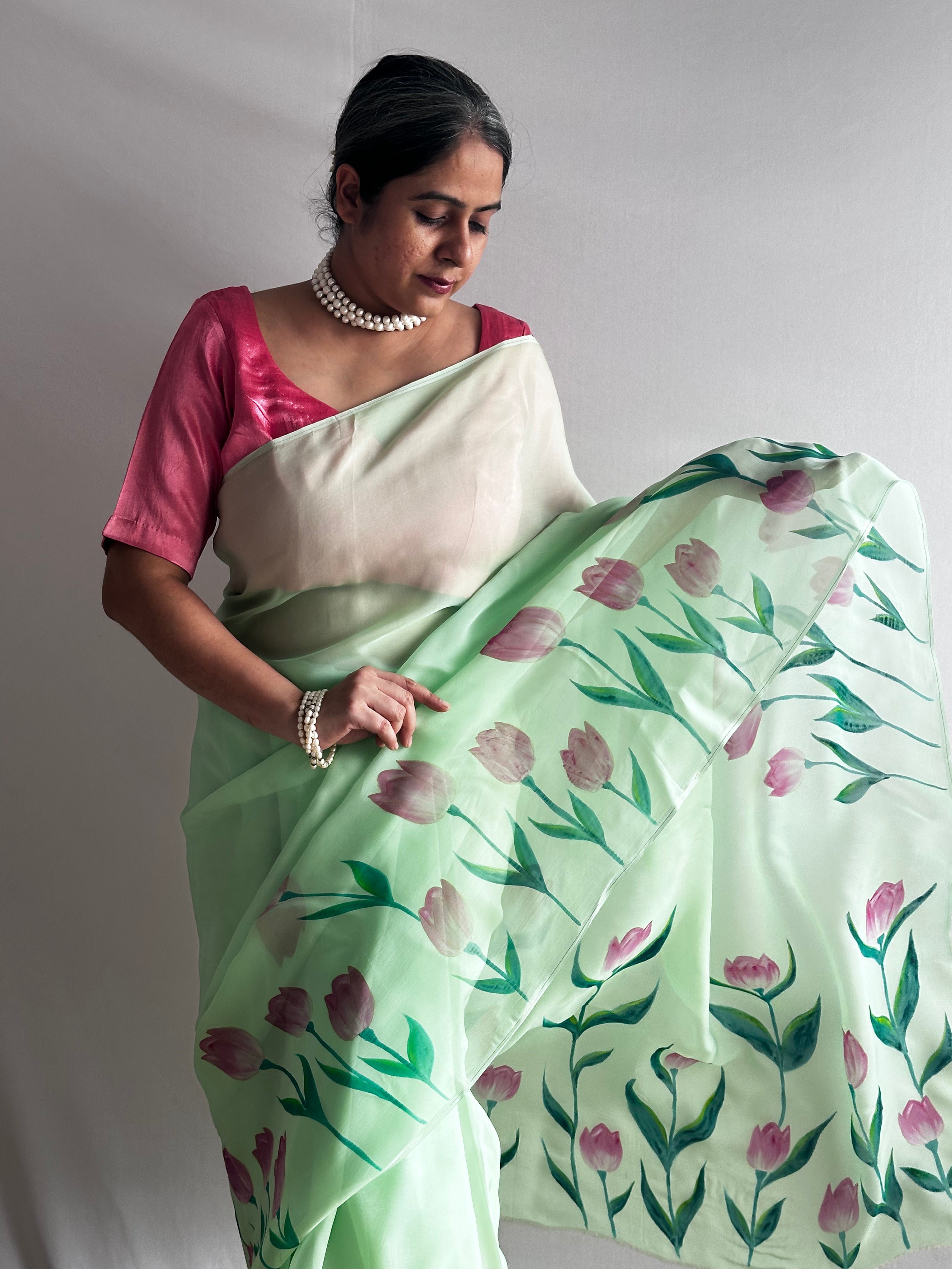 Harit Pushp - Hand print Organza Silk saree