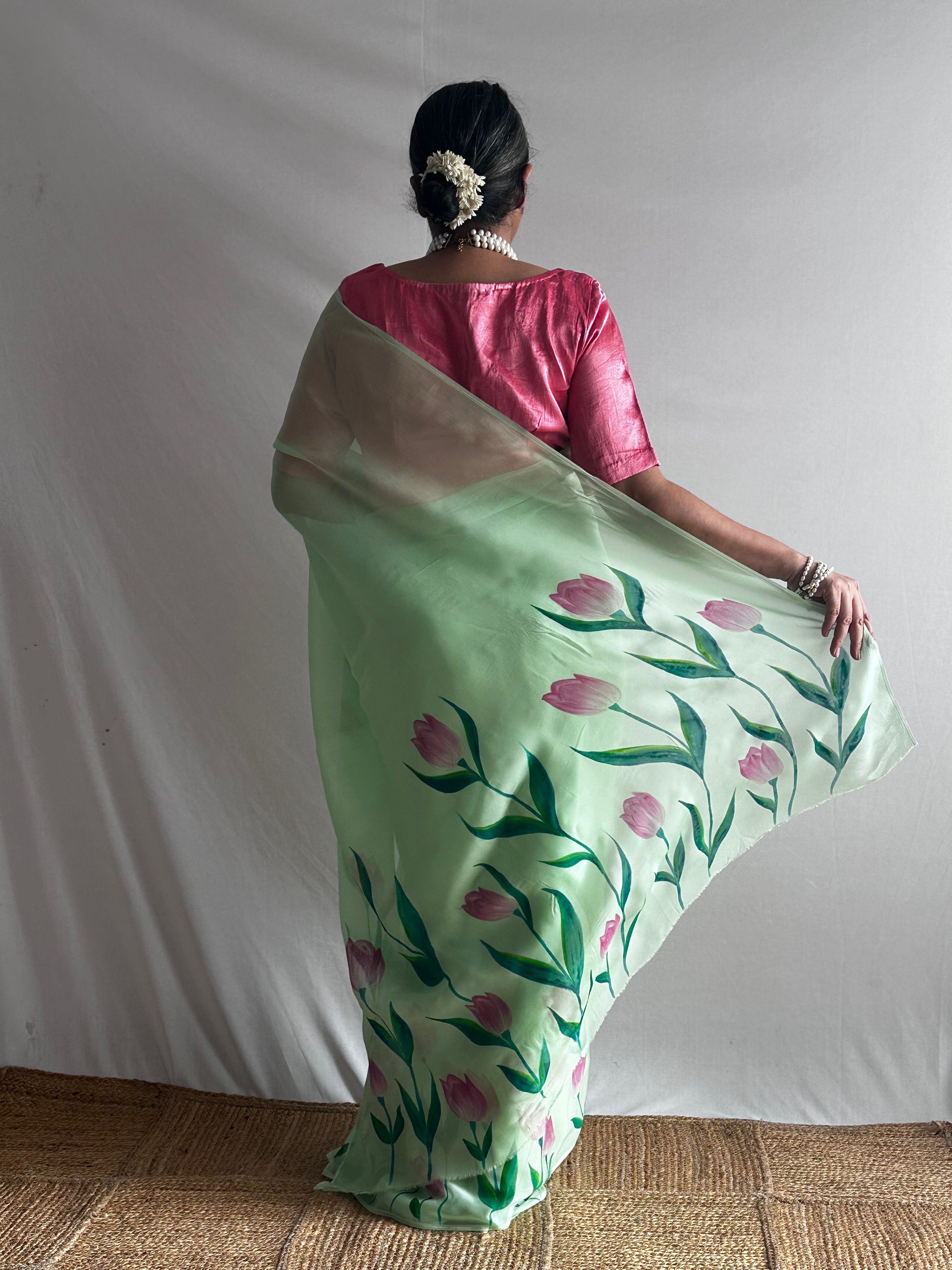 Harit Pushp - Hand print Organza Silk saree