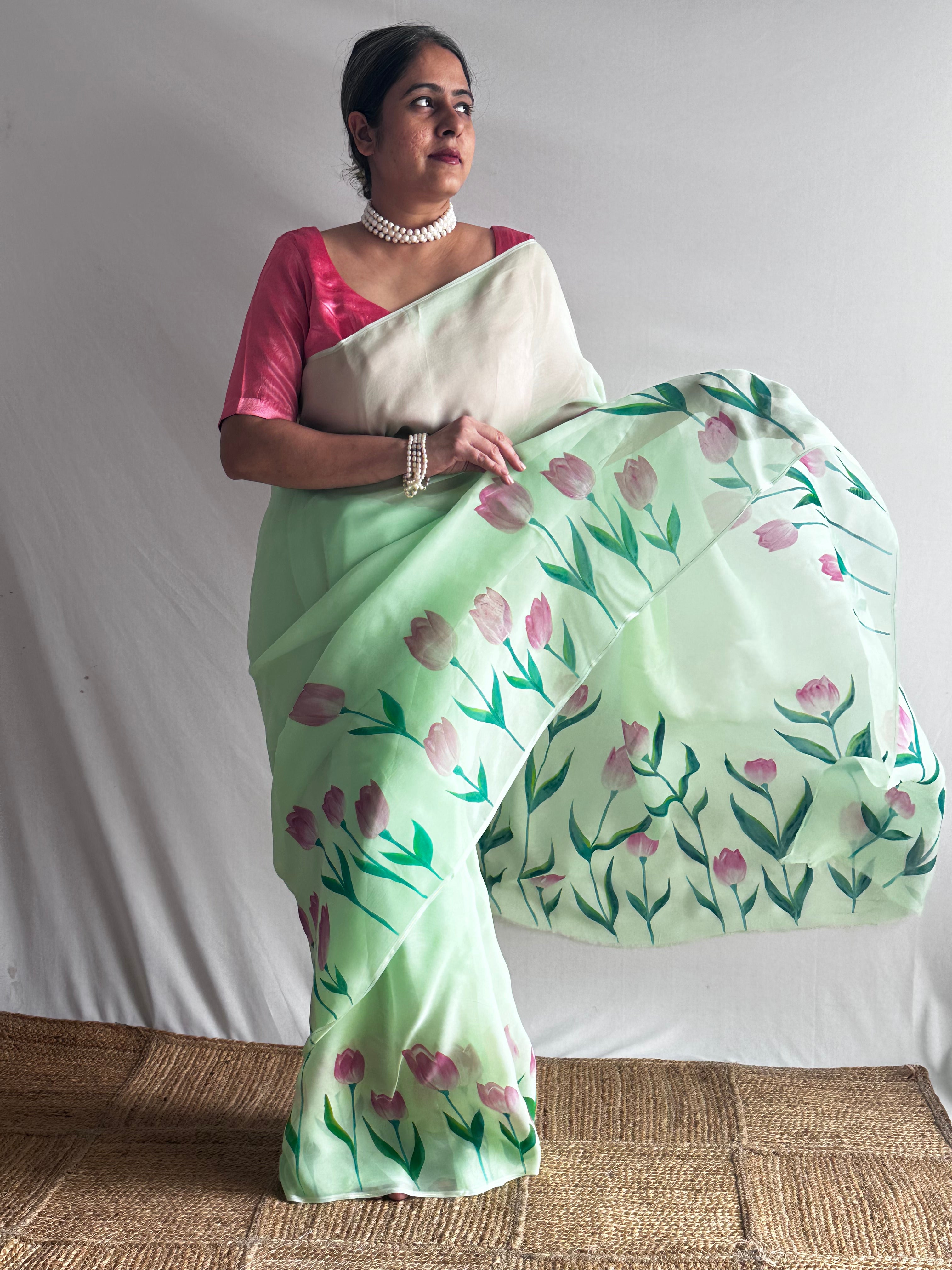 Harit Pushp - Hand print Organza Silk saree