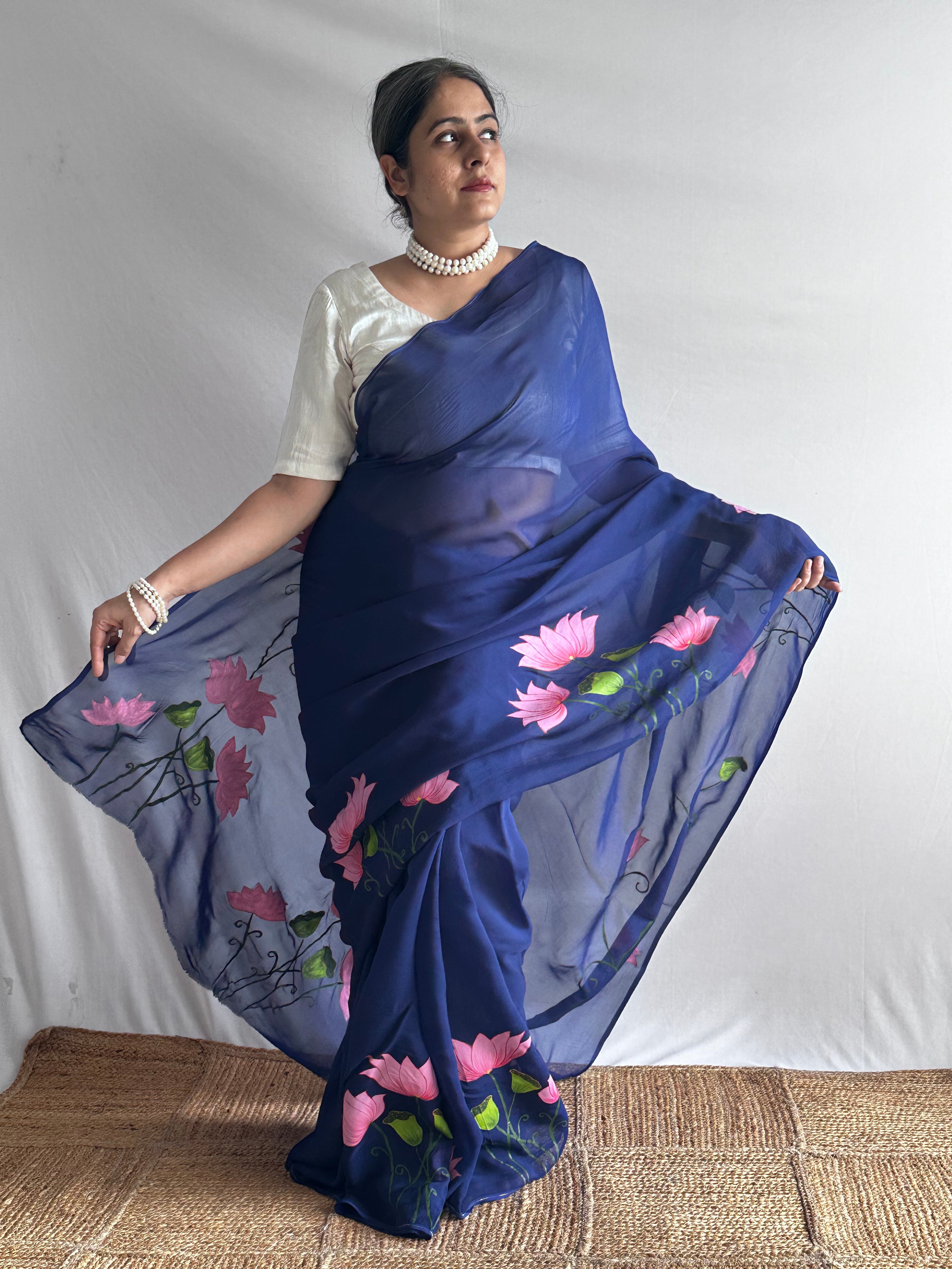 Nilambari Lotus - Hand print Organza Silk saree