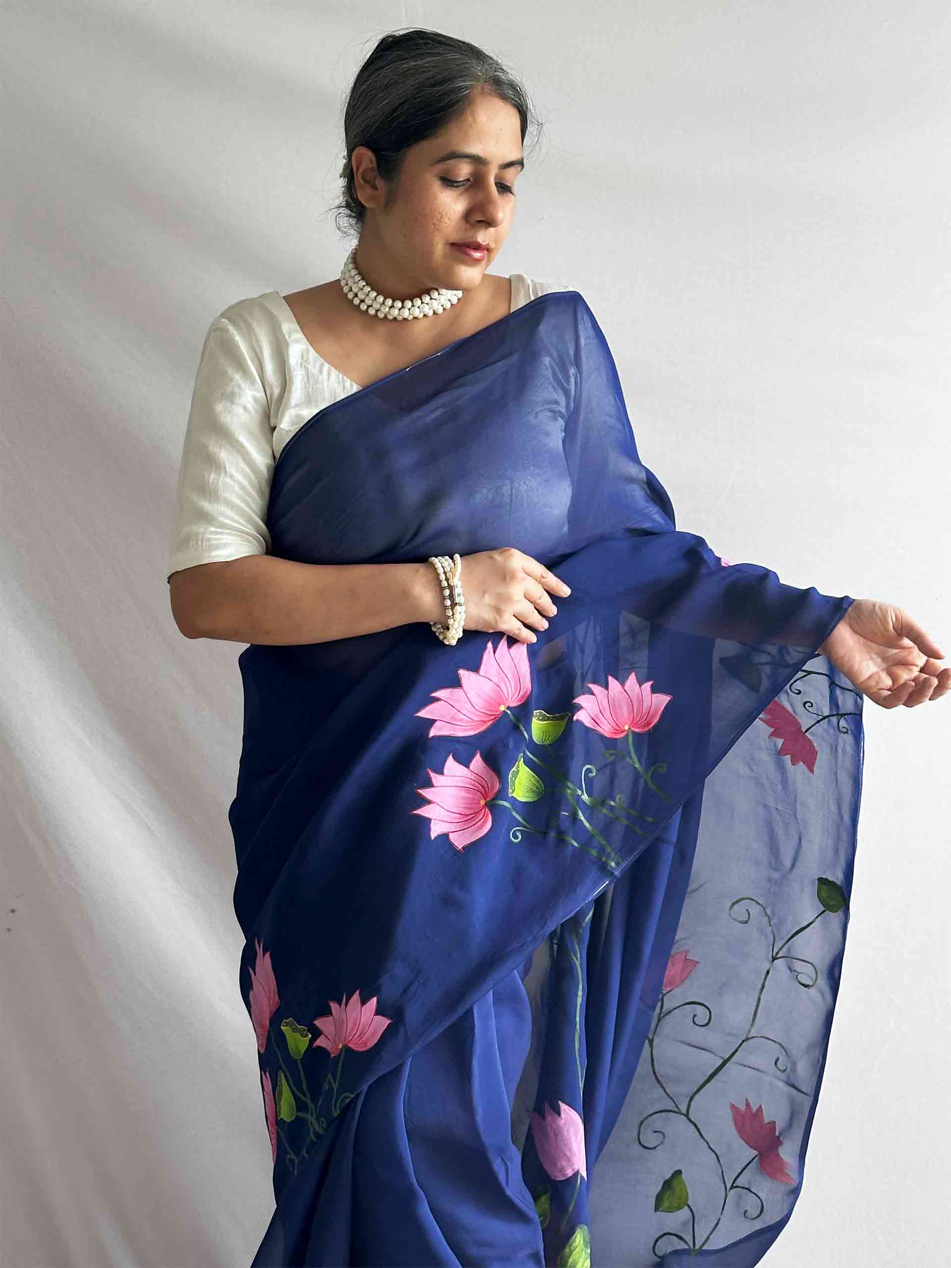 Nilambari Lotus - Hand print Organza saree