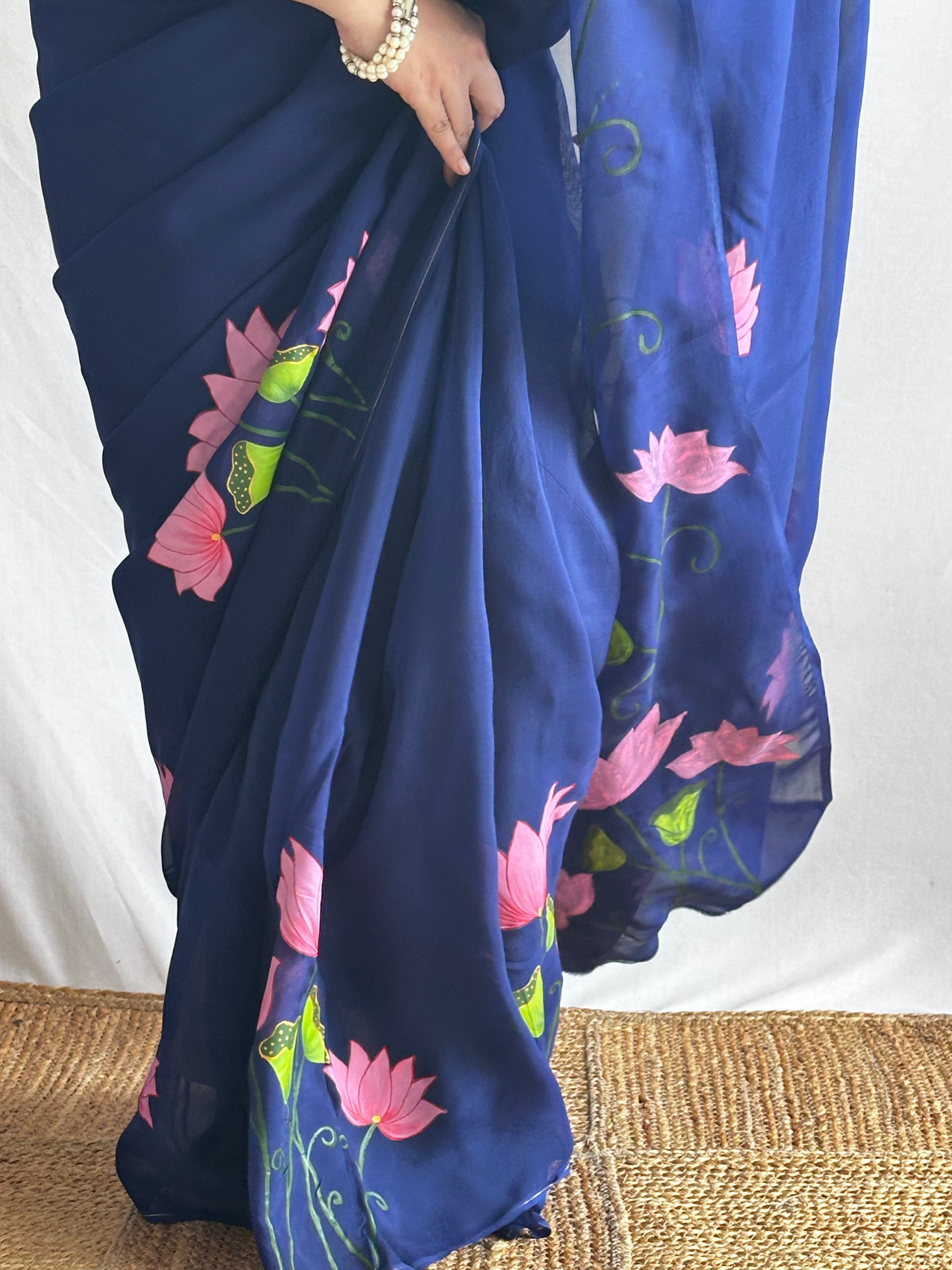 Nilambari Lotus - Hand print Organza Silk saree