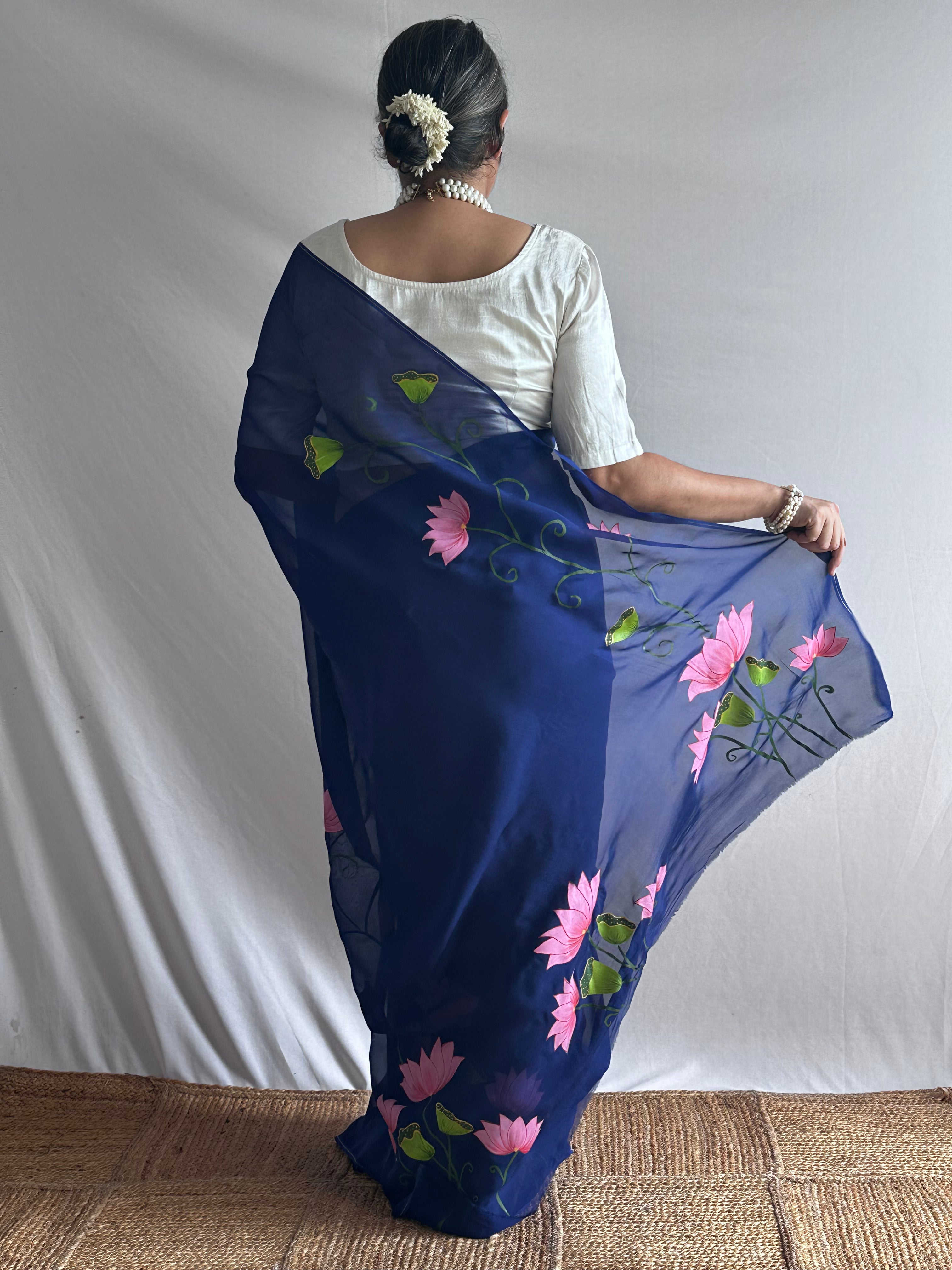 Nilambari Lotus - Hand print Organza Silk saree