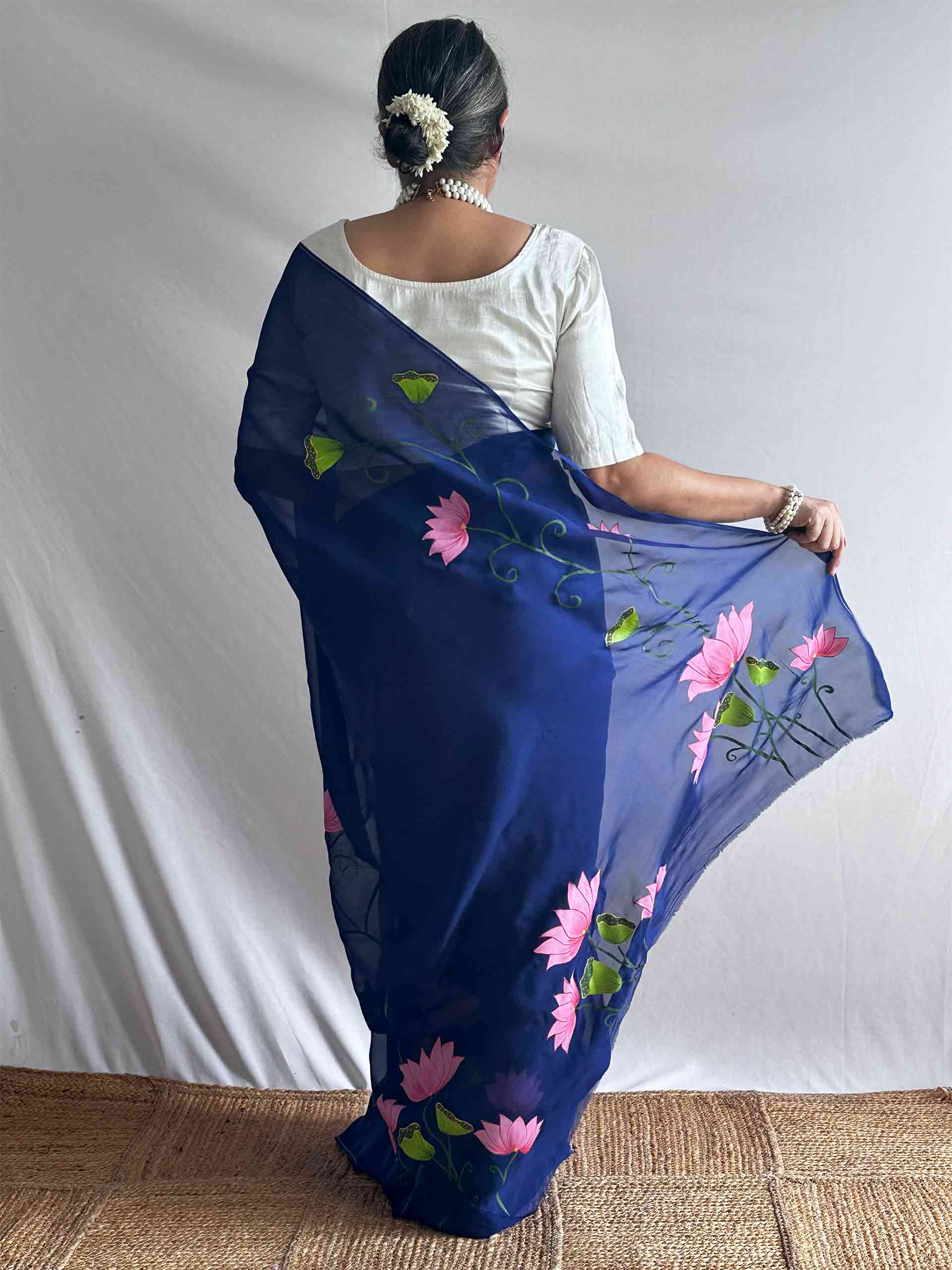 Nilambari Lotus - Hand print Organza saree