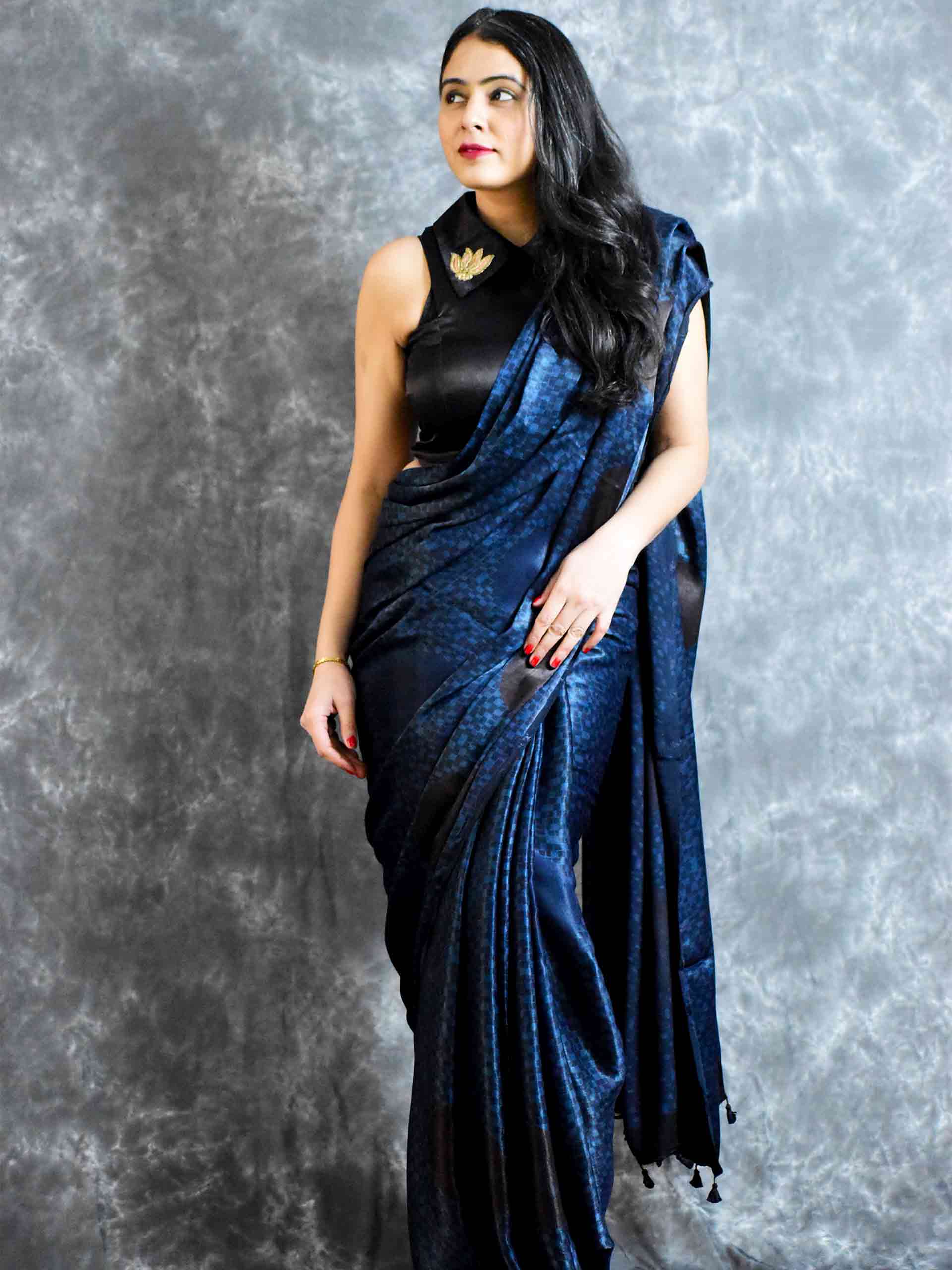 Blue checks - Ajrakh mashru silk saree