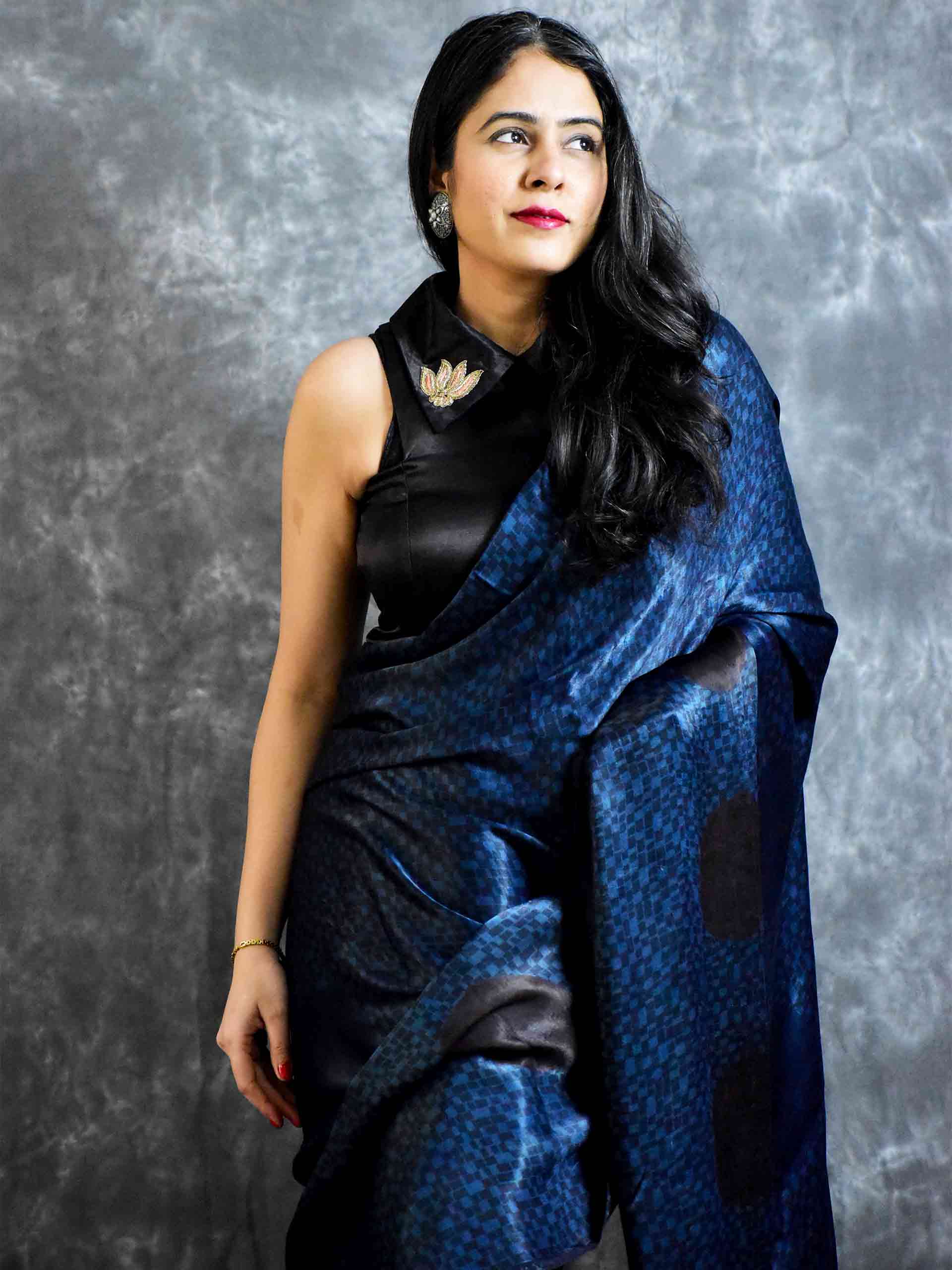 Blue checks - Ajrakh mashru silk saree