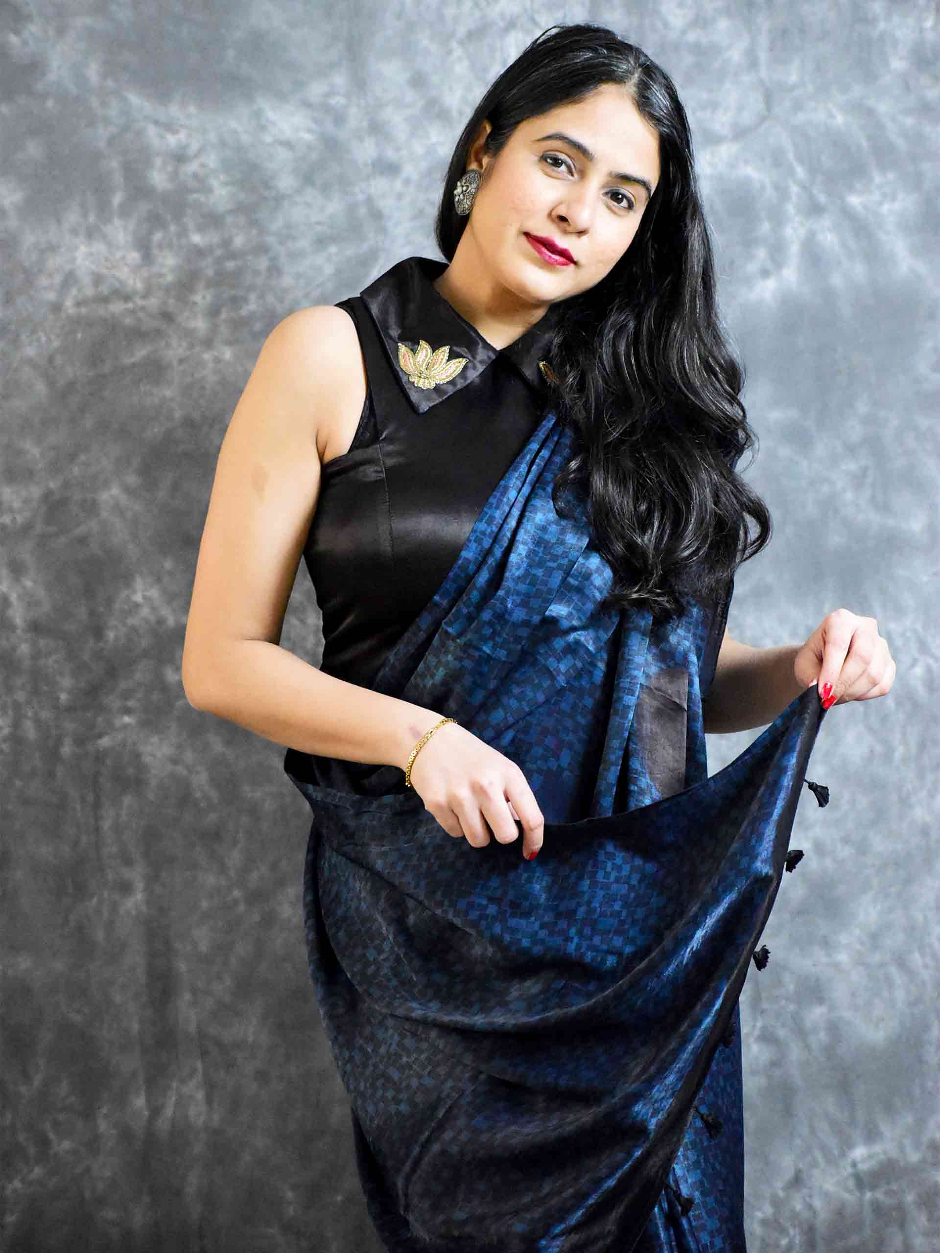 Blue checks - Ajrakh mashru silk saree