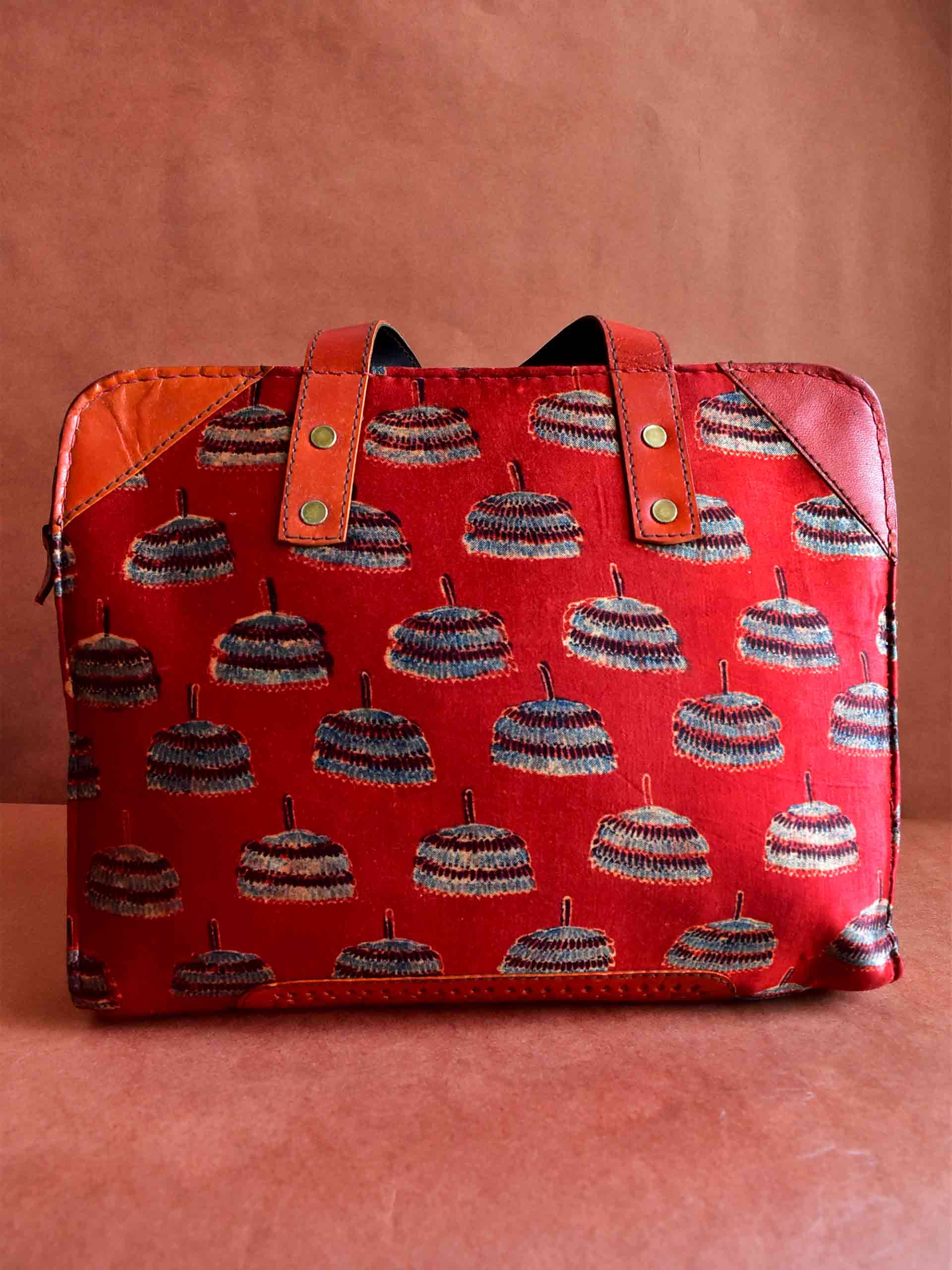 Red lotus Ajrakh Mashru Silk Leather Laptop Bag