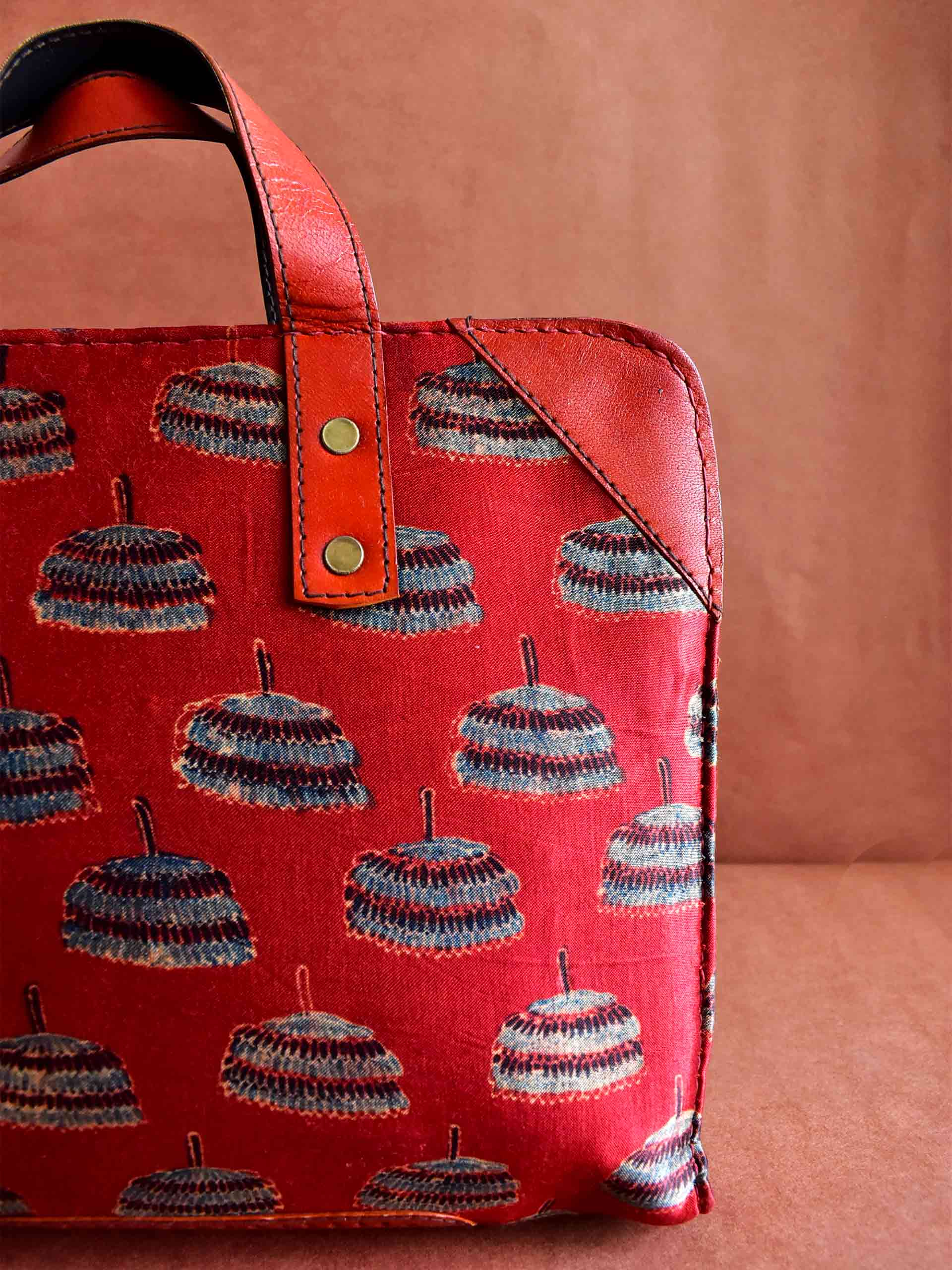 Red lotus Ajrakh Mashru Silk Leather Laptop Bag
