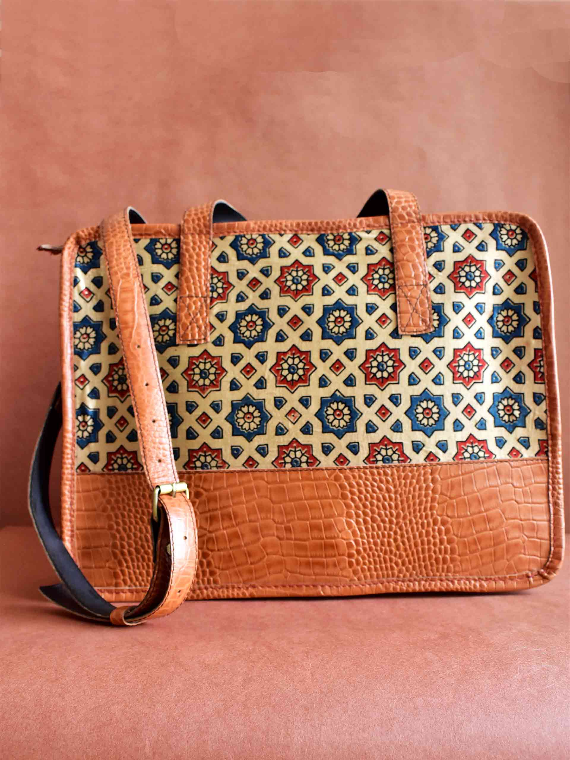 Coffee Cream - Ajrakh Mashru Silk Leather Laptop Bag