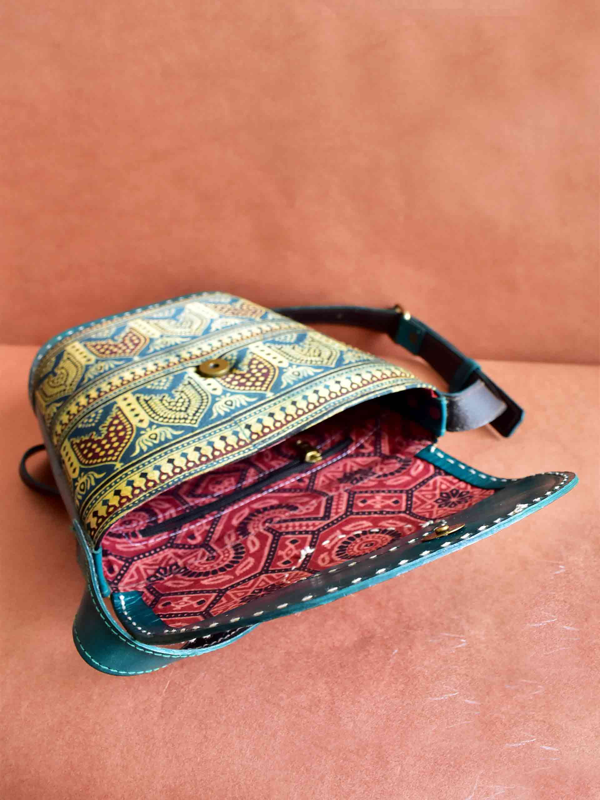Minaret - leather and Mashru silk bag