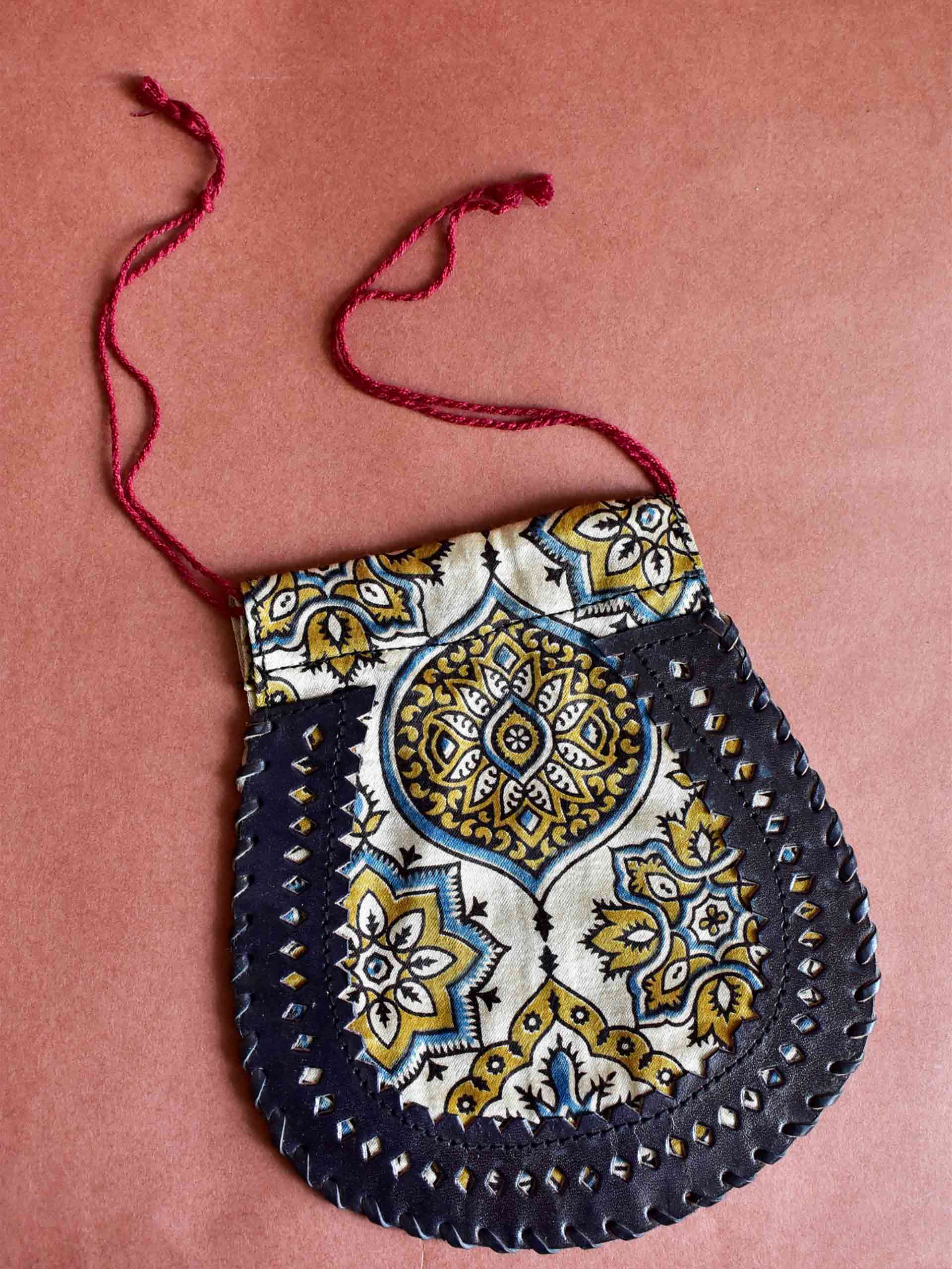 Pathways - mashru silk and leather coin potli