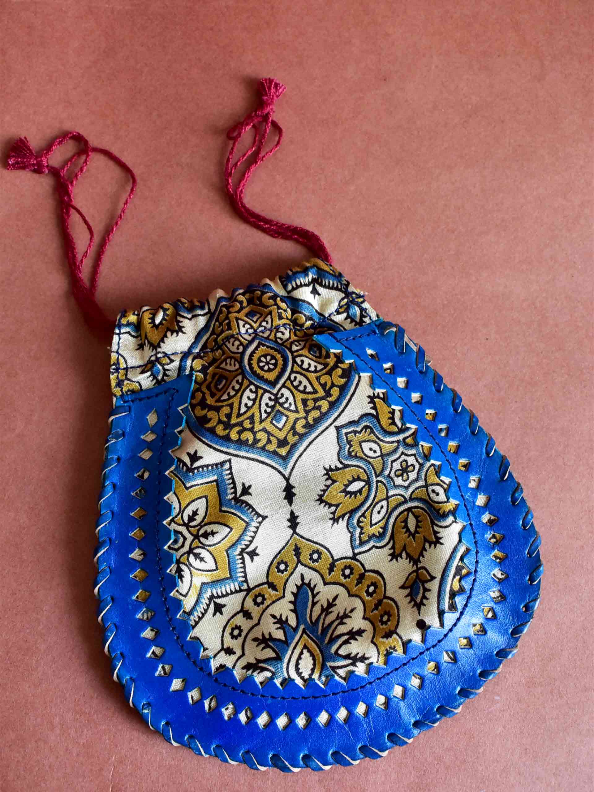 Badam - mashru silk and leather coin potli